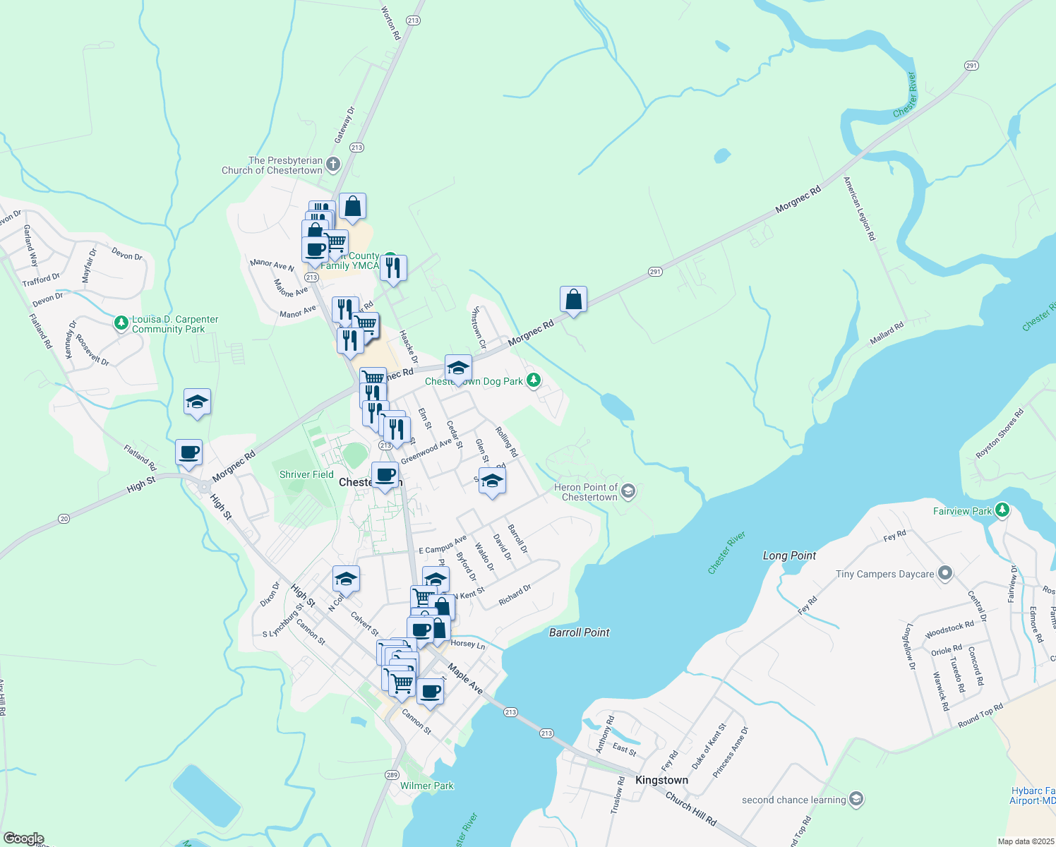 map of restaurants, bars, coffee shops, grocery stores, and more near 400 Schauber Road in Chestertown