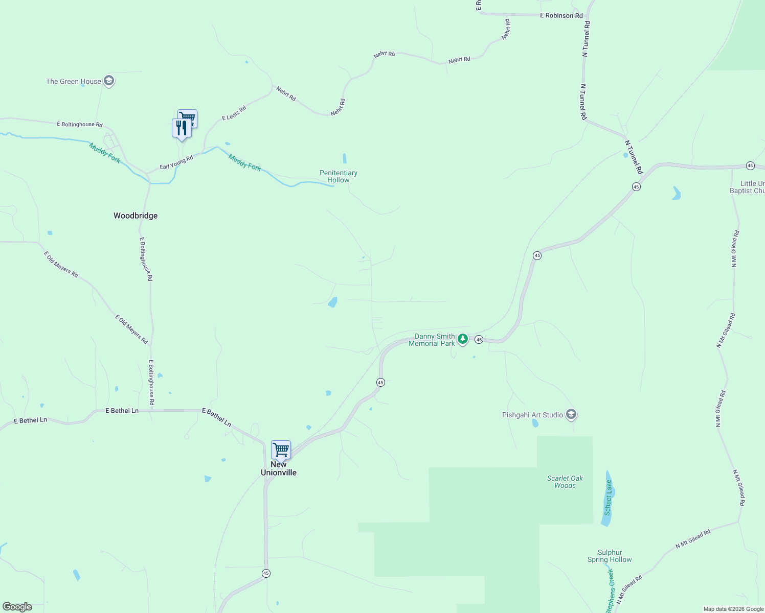 map of restaurants, bars, coffee shops, grocery stores, and more near 5385-5435 Earl Young Road in Bloomington