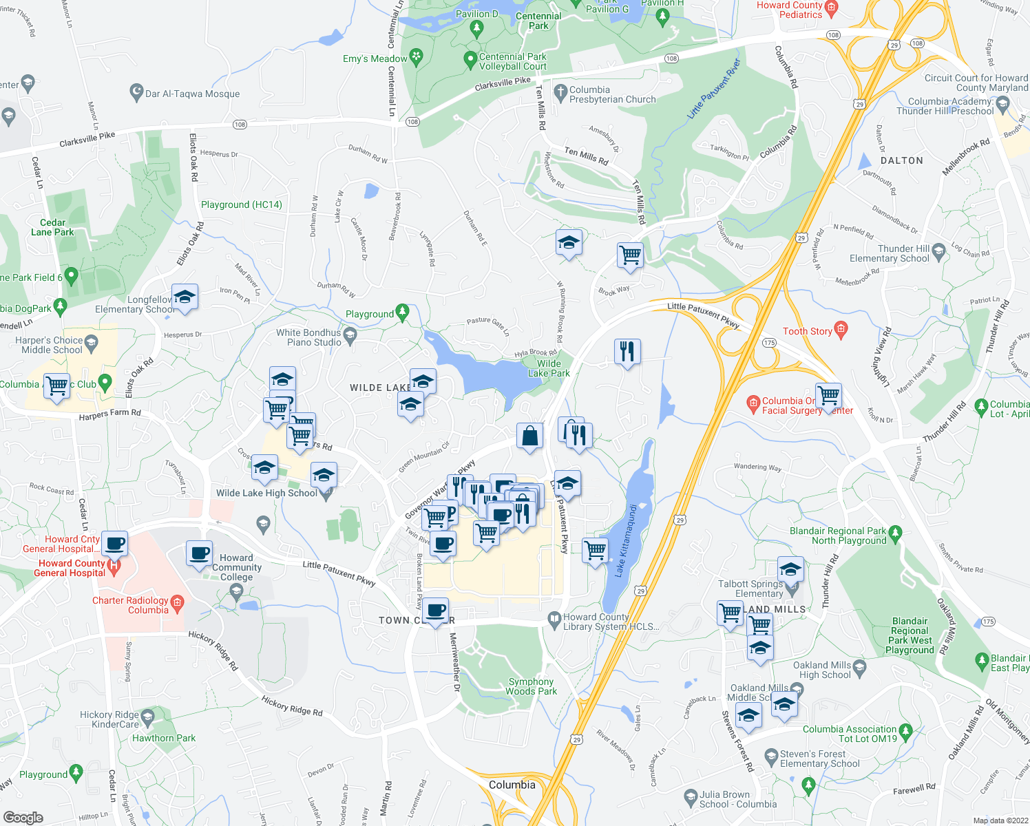 map of restaurants, bars, coffee shops, grocery stores, and more near 10085 Windstream Drive in Columbia
