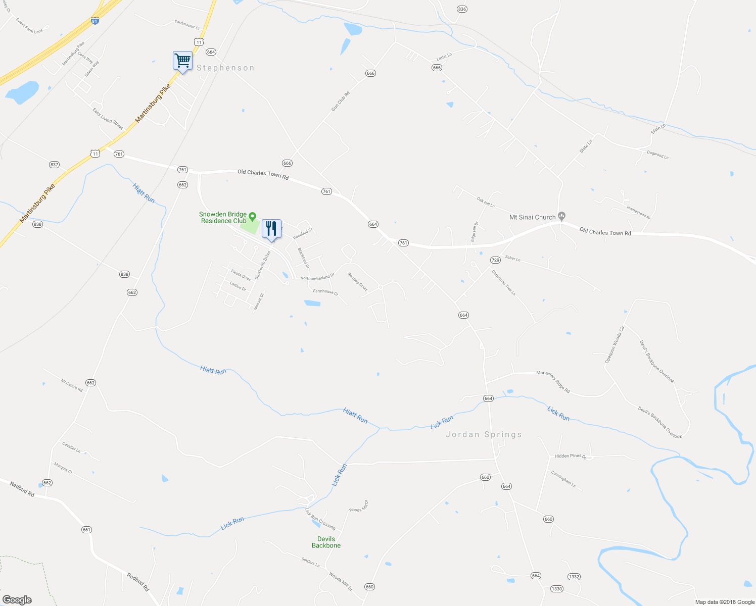 map of restaurants, bars, coffee shops, grocery stores, and more near 126 Gristmill Court in Stephenson