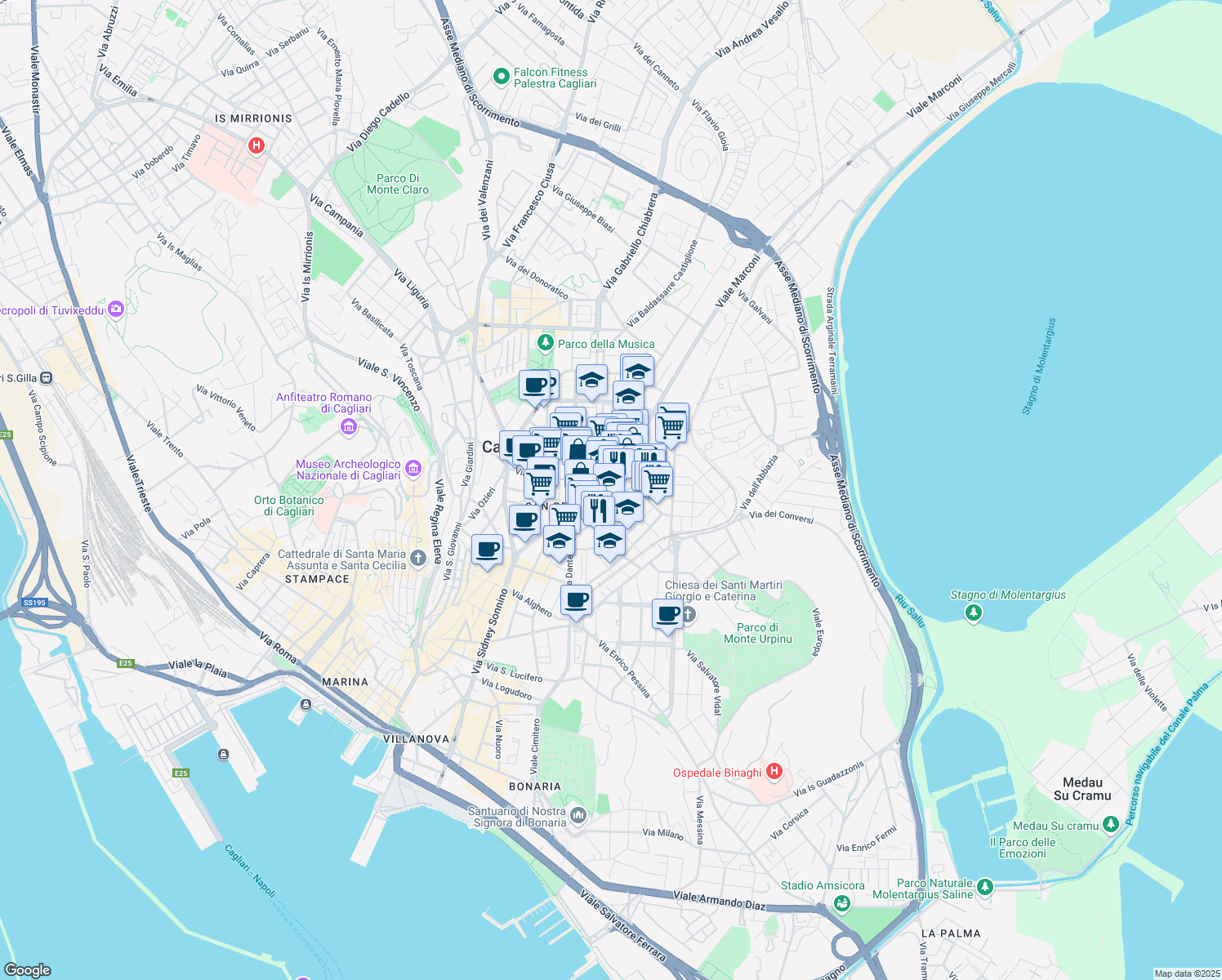 map of restaurants, bars, coffee shops, grocery stores, and more near 25-27 Via Gioacchino Rossini in Cagliari