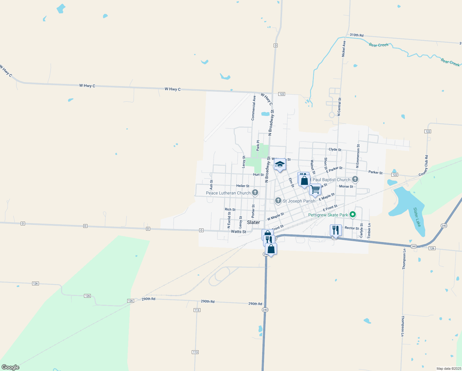 map of restaurants, bars, coffee shops, grocery stores, and more near 799 Heiler St in Slater