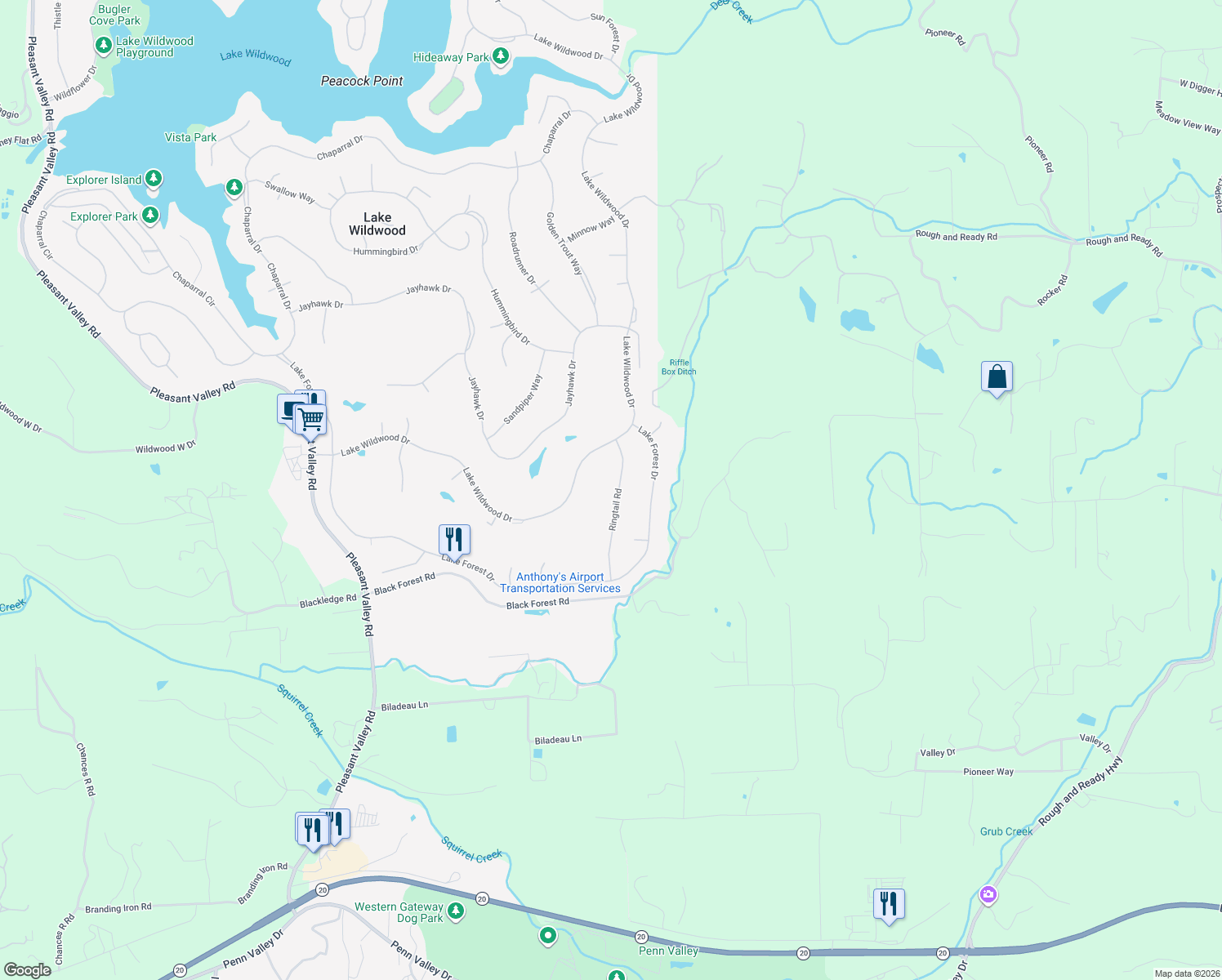 map of restaurants, bars, coffee shops, grocery stores, and more near 11224 Ringtail Rd in Penn Valley