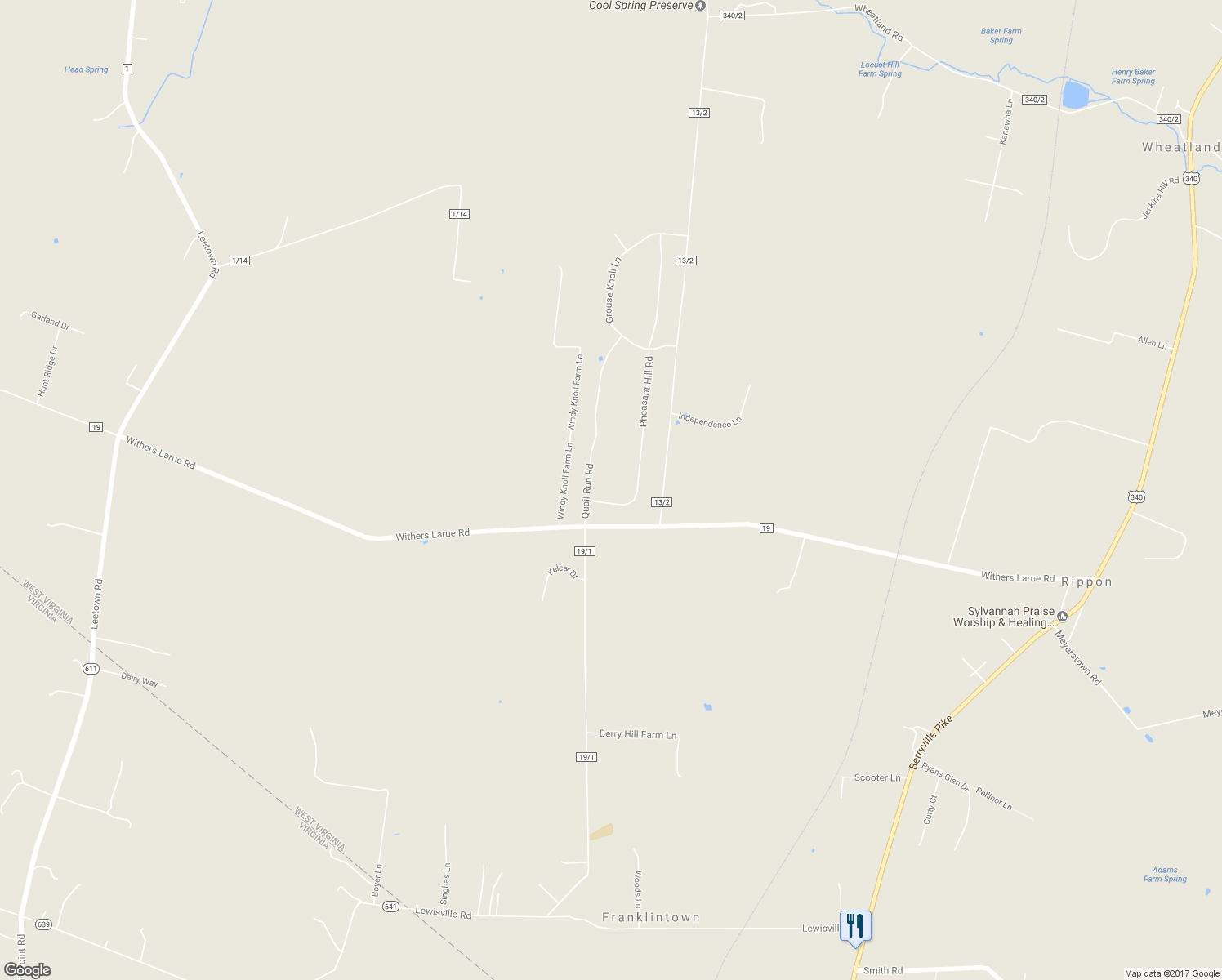 map of restaurants, bars, coffee shops, grocery stores, and more near 67 Pheasant Hill Road in Summit Point