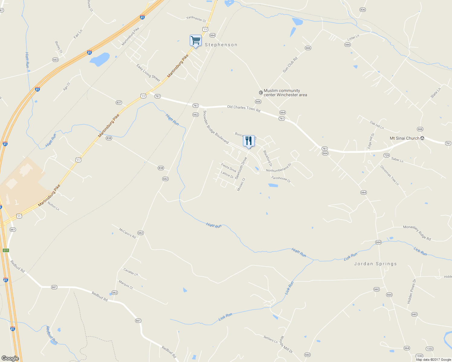 map of restaurants, bars, coffee shops, grocery stores, and more near 218 Centennial Drive in Stephenson