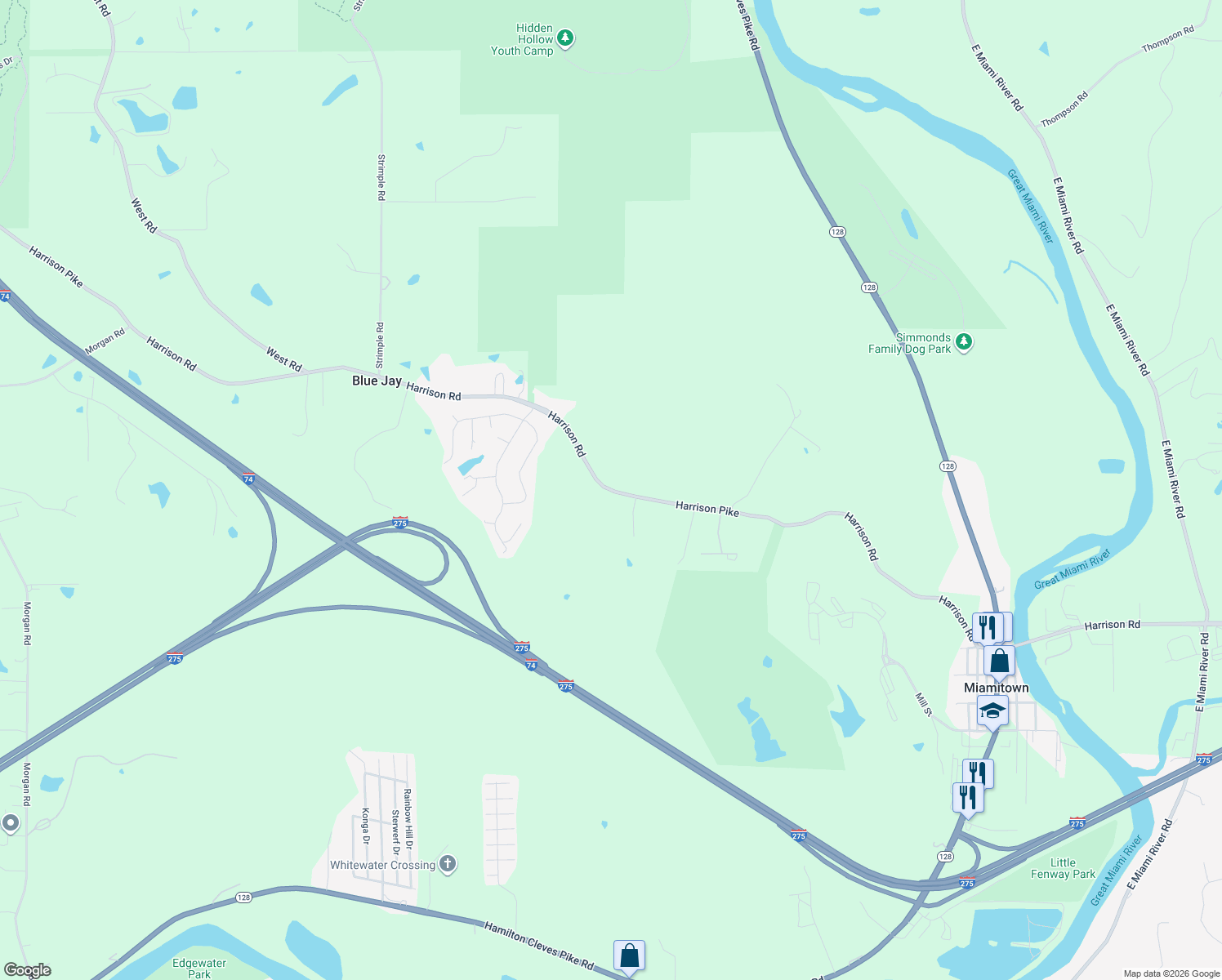 map of restaurants, bars, coffee shops, grocery stores, and more near 8668 Harrison Avenue in Cleves