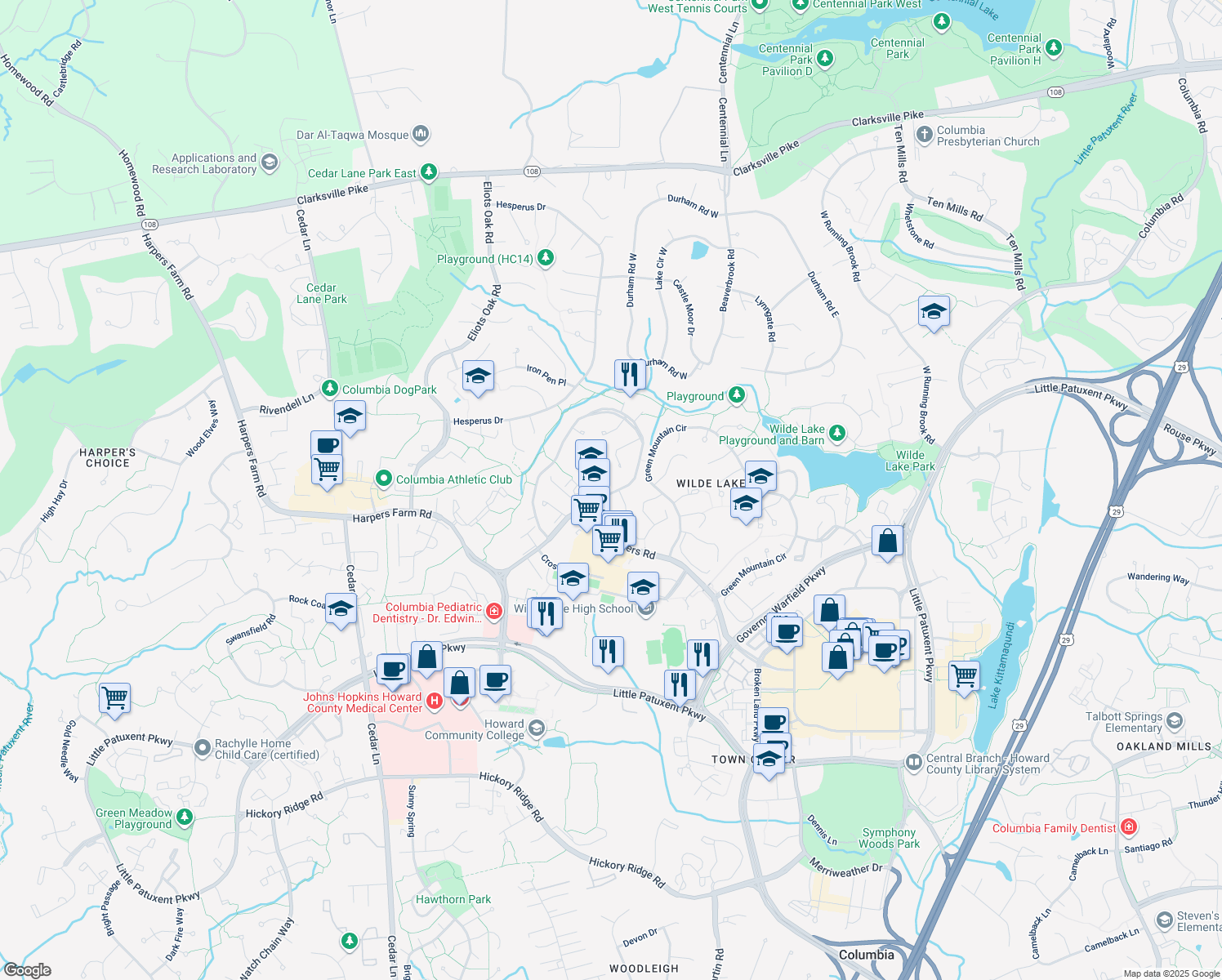 map of restaurants, bars, coffee shops, grocery stores, and more near 10534 Faulkner Ridge Circle in Columbia