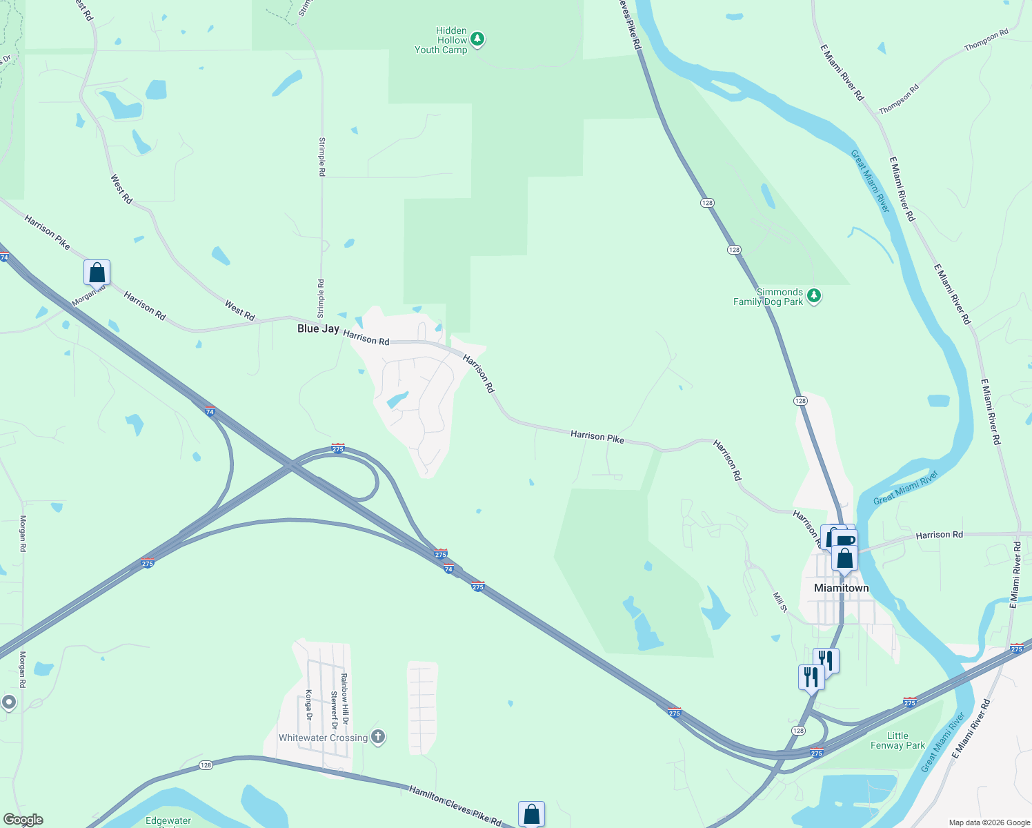 map of restaurants, bars, coffee shops, grocery stores, and more near 8668 Harrison Avenue in Cleves