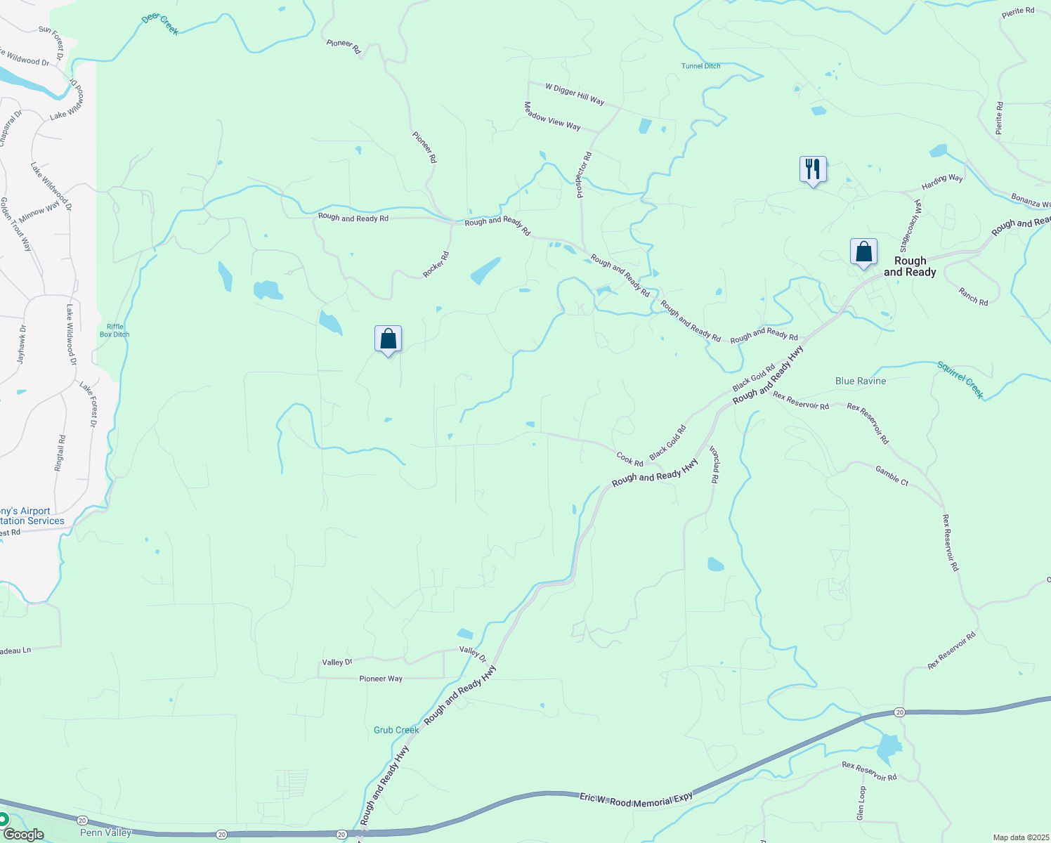 map of restaurants, bars, coffee shops, grocery stores, and more near in Rough and Ready