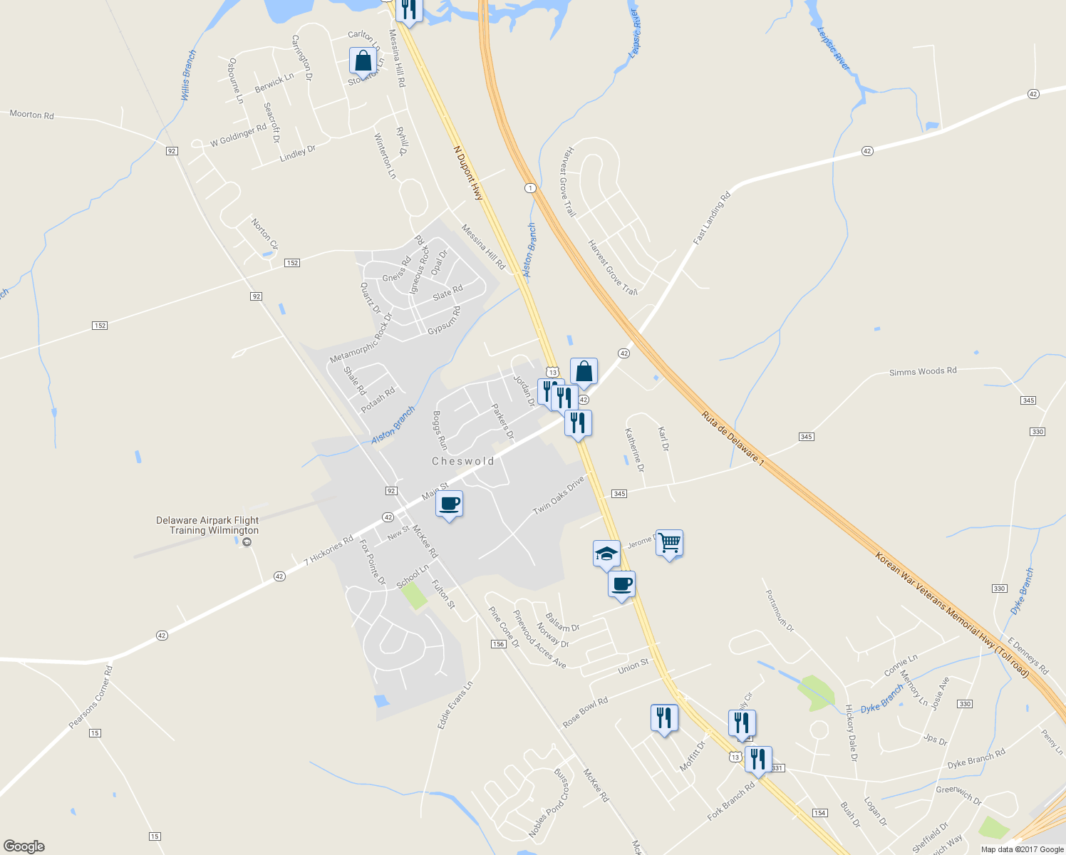 map of restaurants, bars, coffee shops, grocery stores, and more near 42 Main in Cheswold