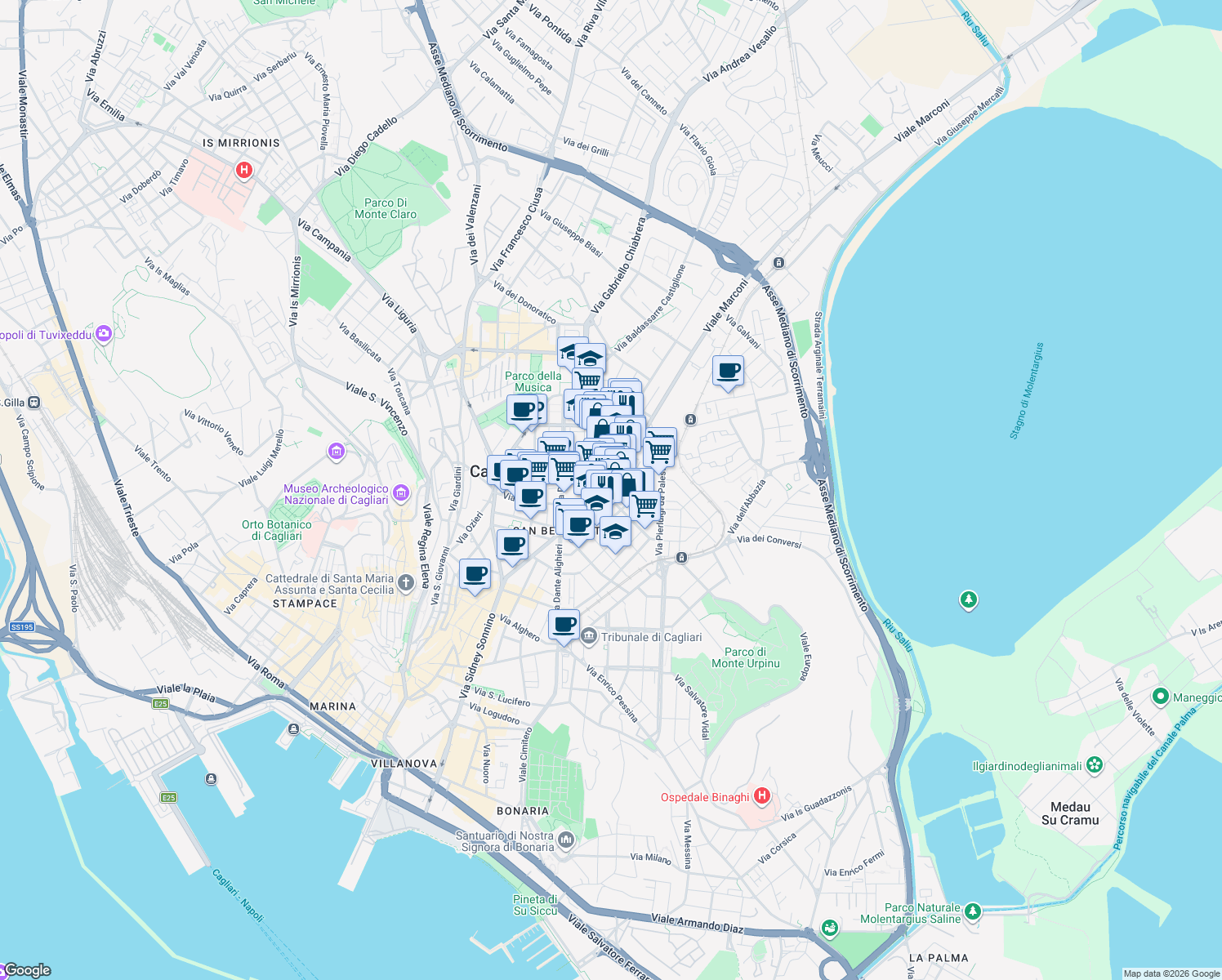 map of restaurants, bars, coffee shops, grocery stores, and more near 17 ኒኮሎ ማኪአቬሊ መንገድ in Cagliari