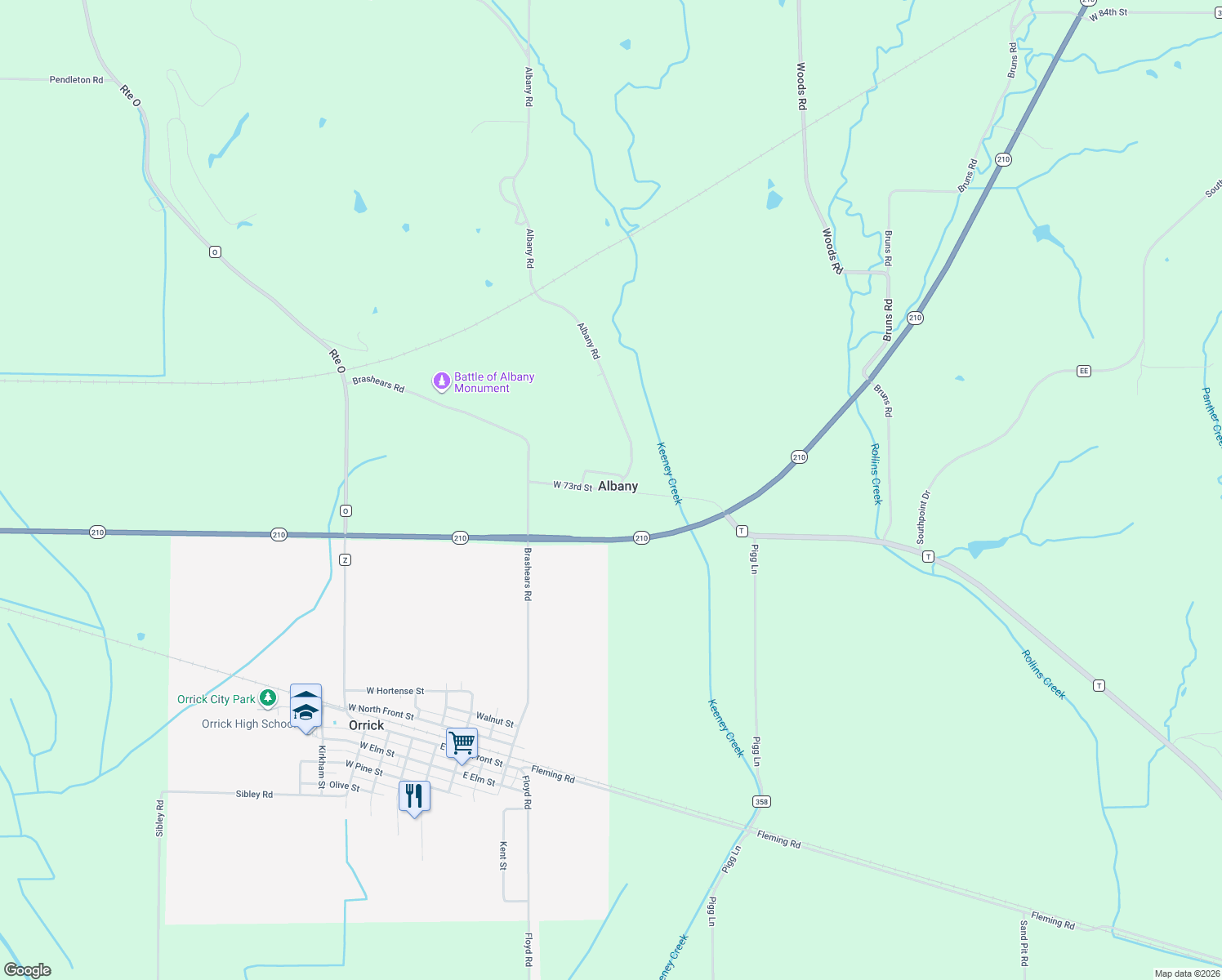 map of restaurants, bars, coffee shops, grocery stores, and more near 34978 West 73rd Street in Orrick