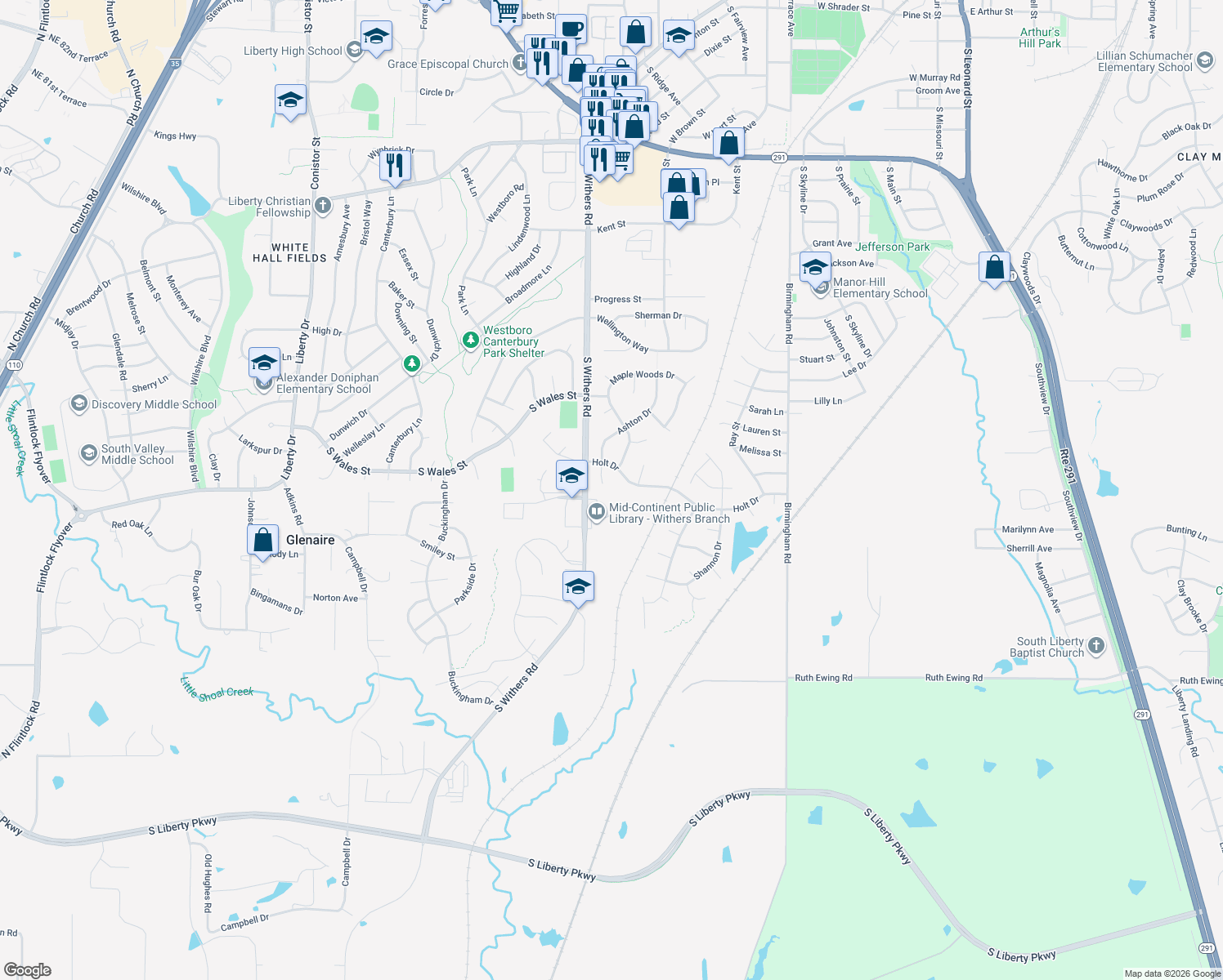 map of restaurants, bars, coffee shops, grocery stores, and more near 1615 Ashton Circle in Liberty