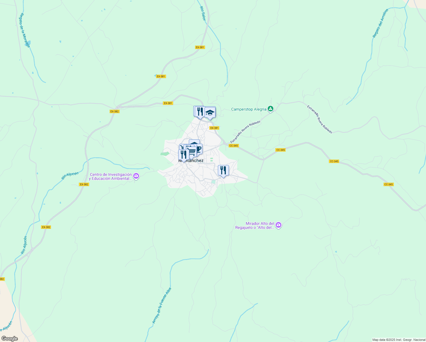 map of restaurants, bars, coffee shops, grocery stores, and more near 44 Calle Centenal in Montánchez