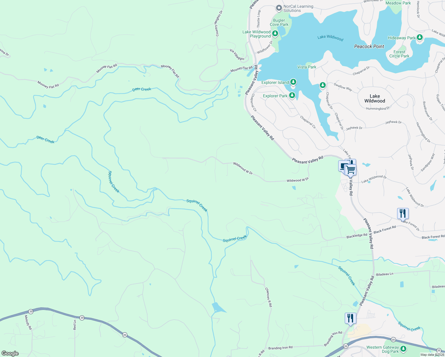 map of restaurants, bars, coffee shops, grocery stores, and more near 19895 Wildwood West Drive in Penn Valley