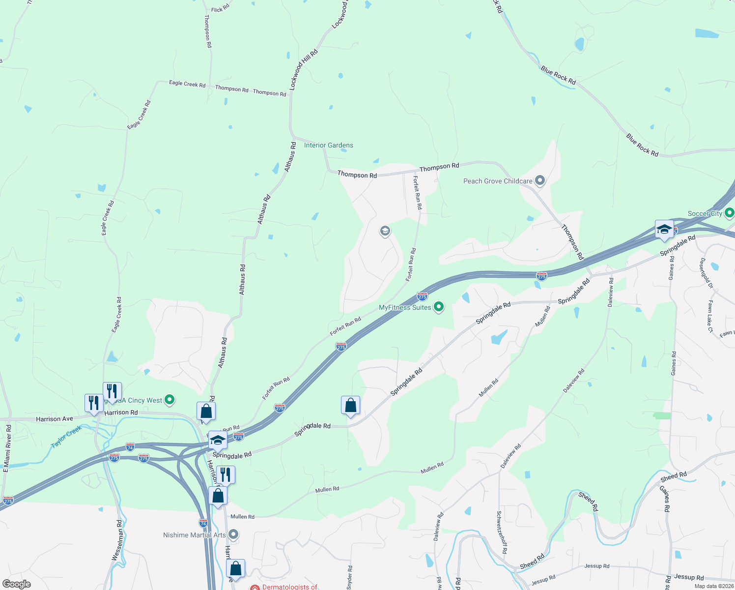 map of restaurants, bars, coffee shops, grocery stores, and more near 8434 Forest Valley Drive in Cincinnati