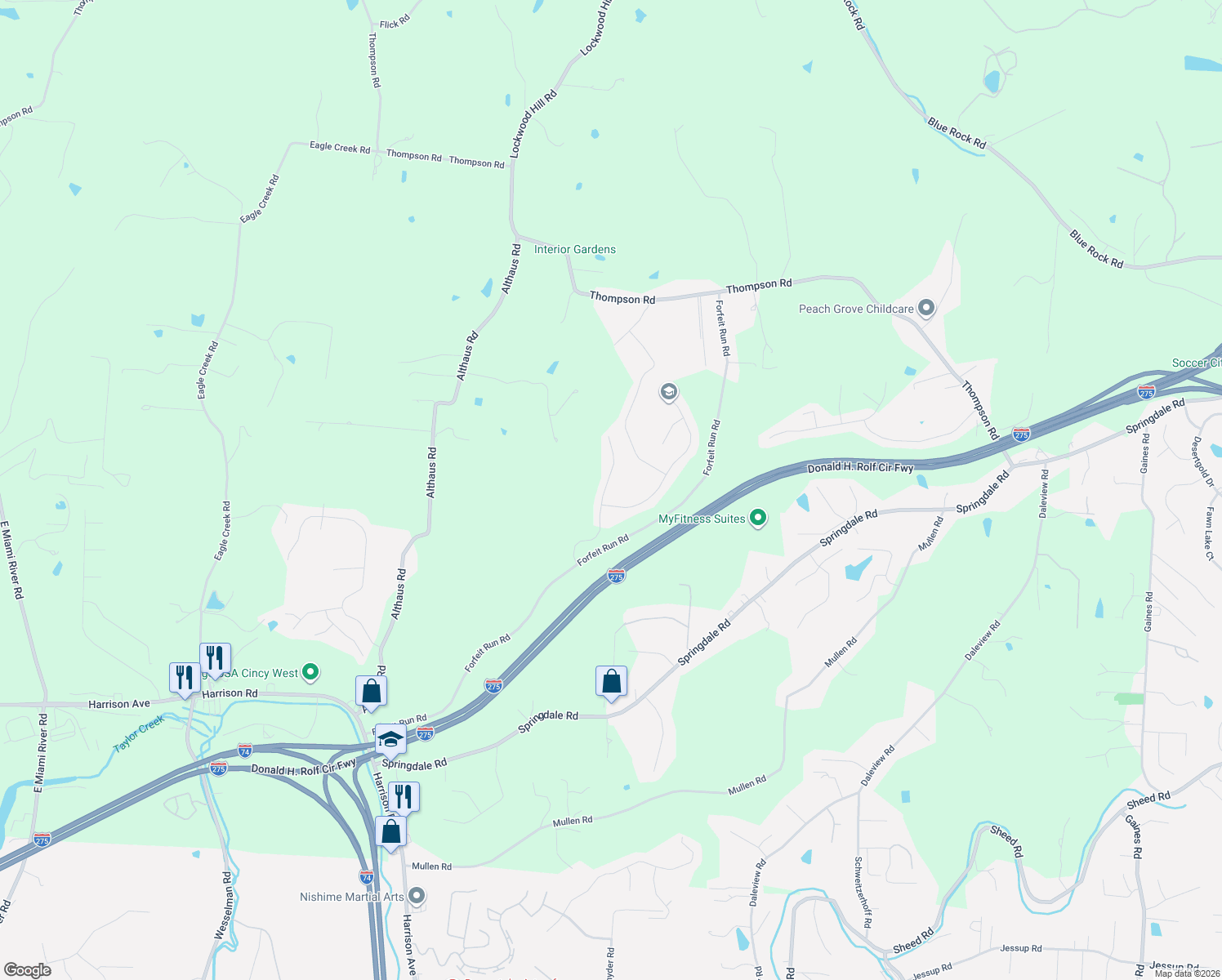 map of restaurants, bars, coffee shops, grocery stores, and more near 7963 Stoney Ridge Drive in Cincinnati