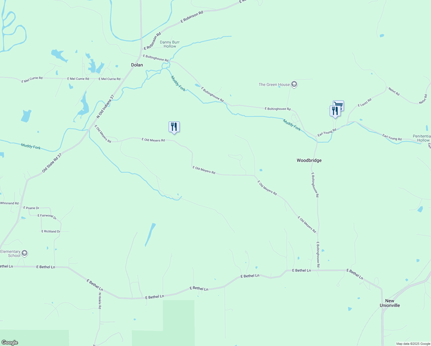 map of restaurants, bars, coffee shops, grocery stores, and more near 2601 East Old Myers Road in Bloomington