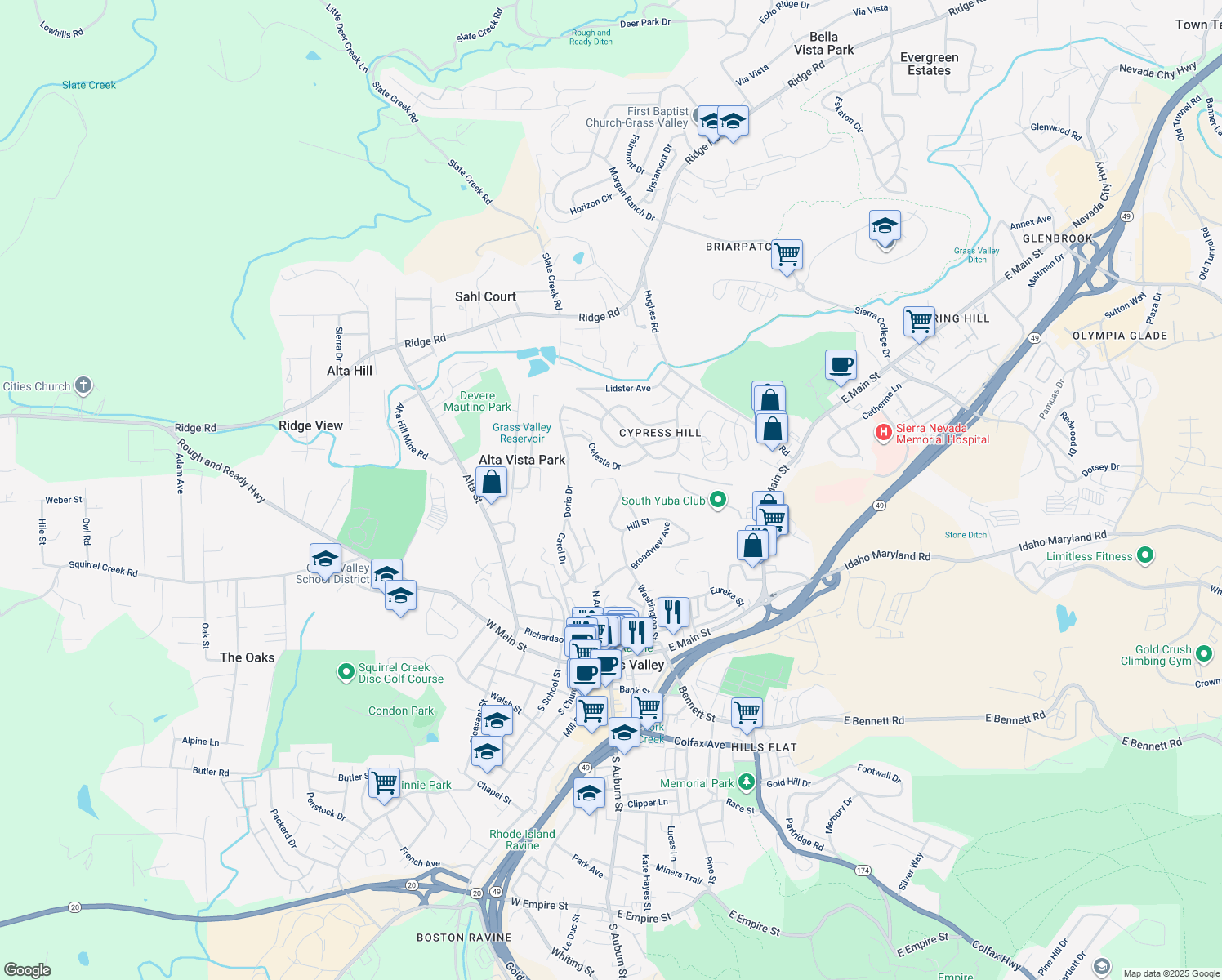 map of restaurants, bars, coffee shops, grocery stores, and more near 200 Jan Road in Grass Valley