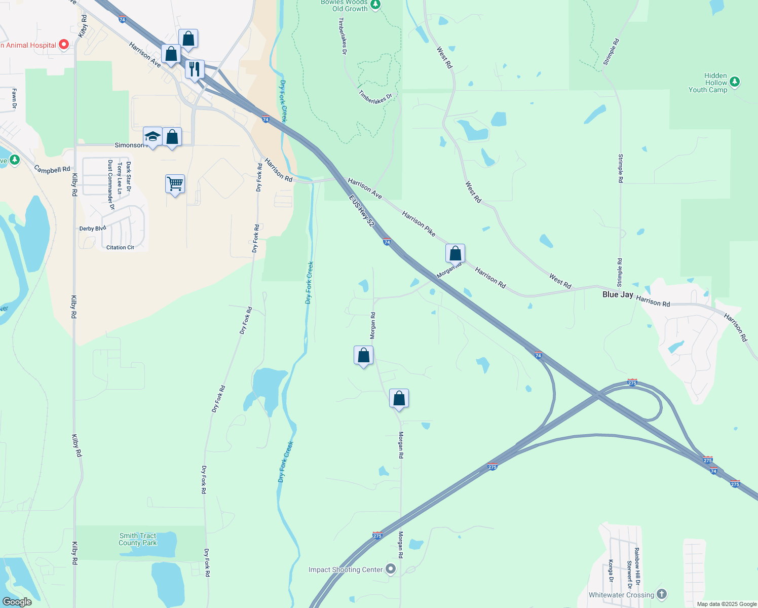 map of restaurants, bars, coffee shops, grocery stores, and more near 7540 Morgan Road in Cleves