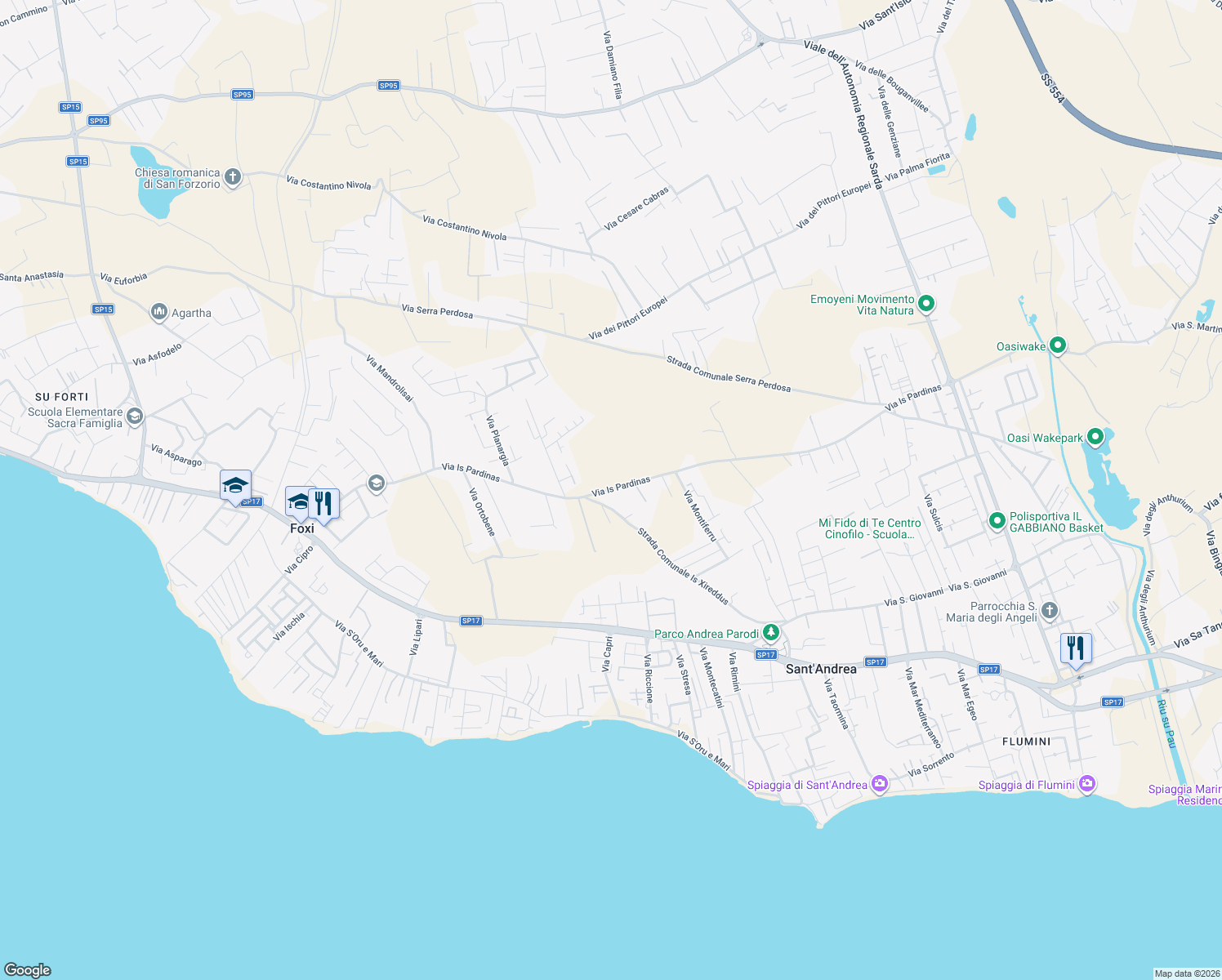 map of restaurants, bars, coffee shops, grocery stores, and more near 38a Via Is Pardinas in Quartu Sant'Elena
