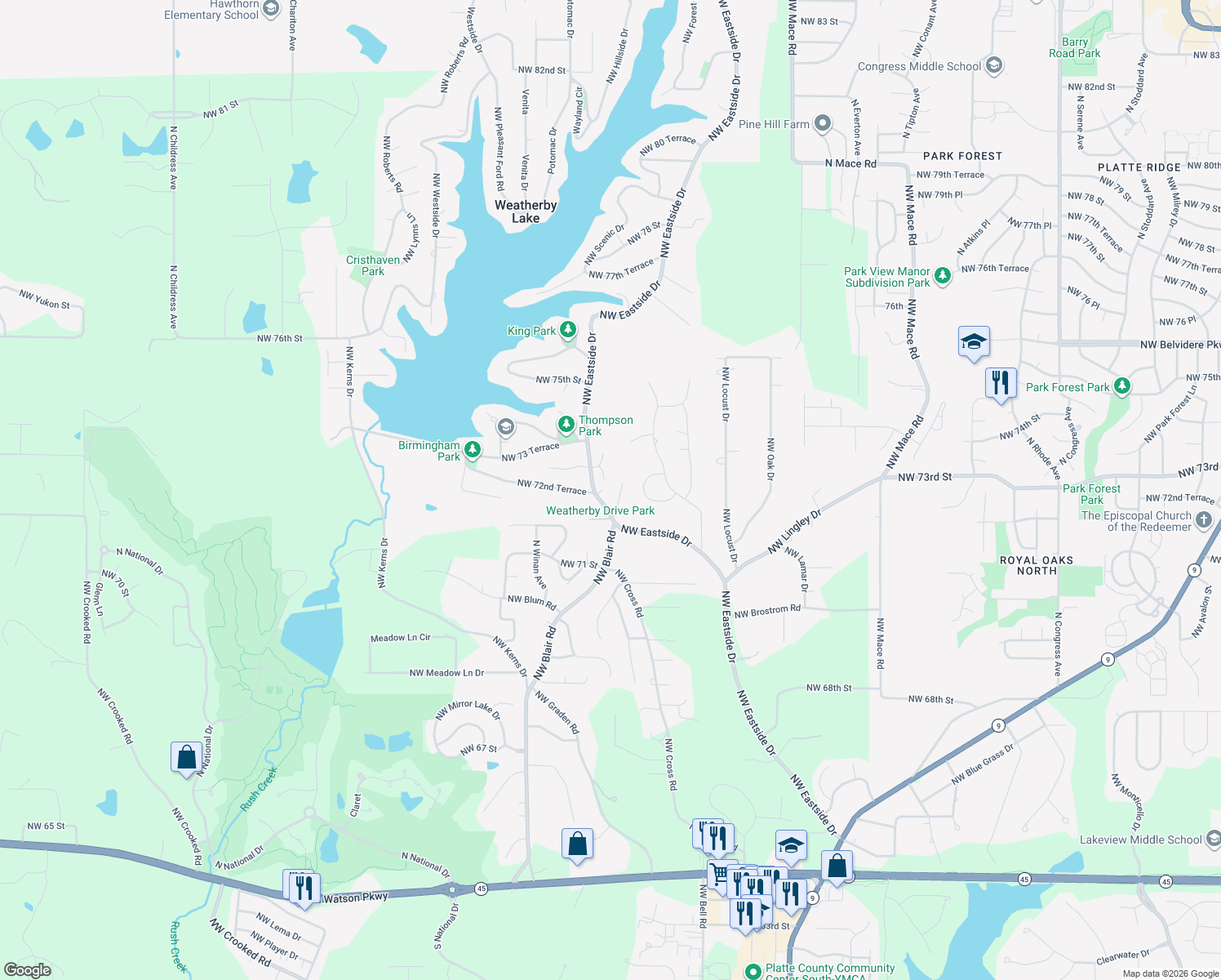 map of restaurants, bars, coffee shops, grocery stores, and more near 7207 Quincy Court in Weatherby Lake