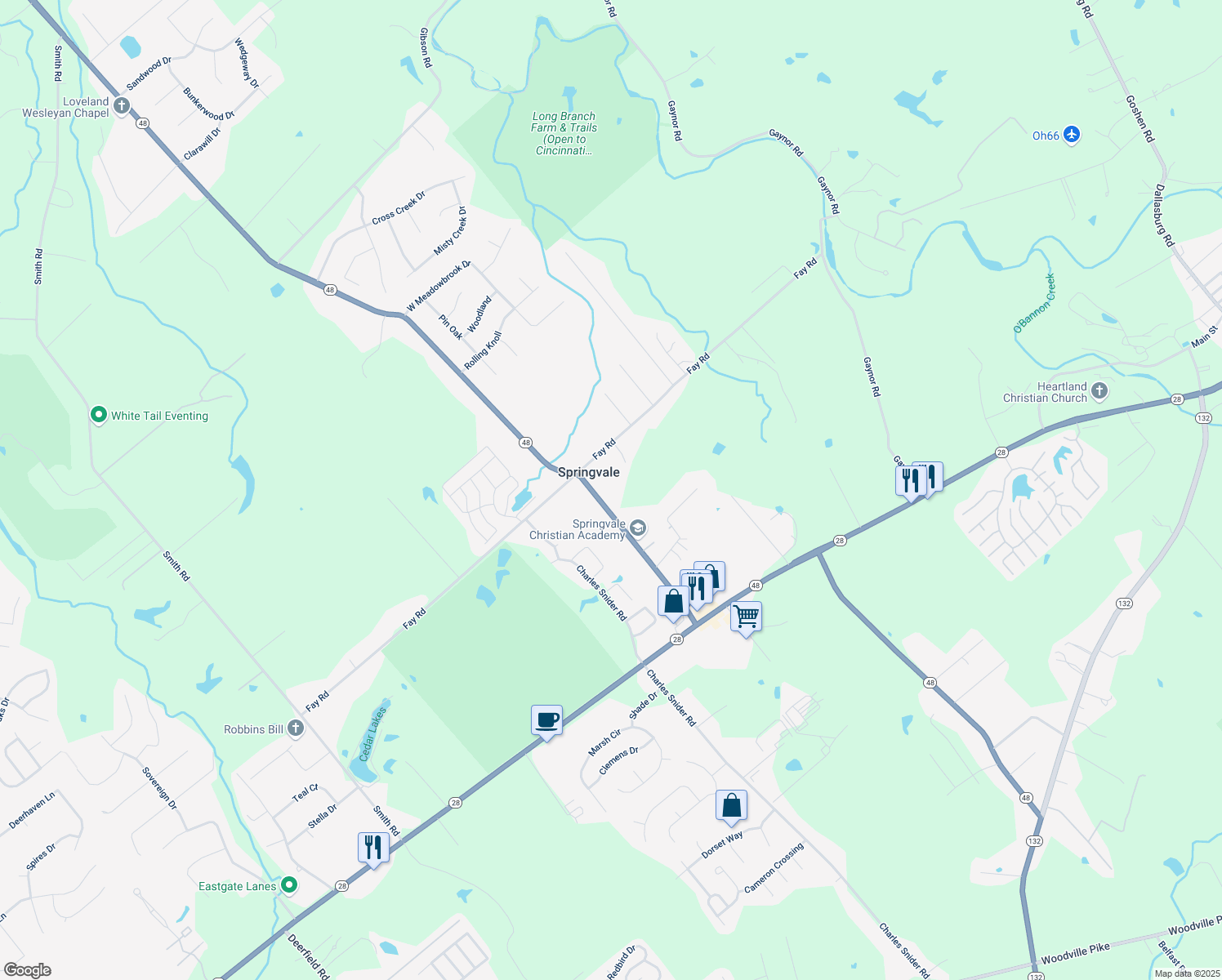 map of restaurants, bars, coffee shops, grocery stores, and more near 6634 Oakland Rd in Loveland