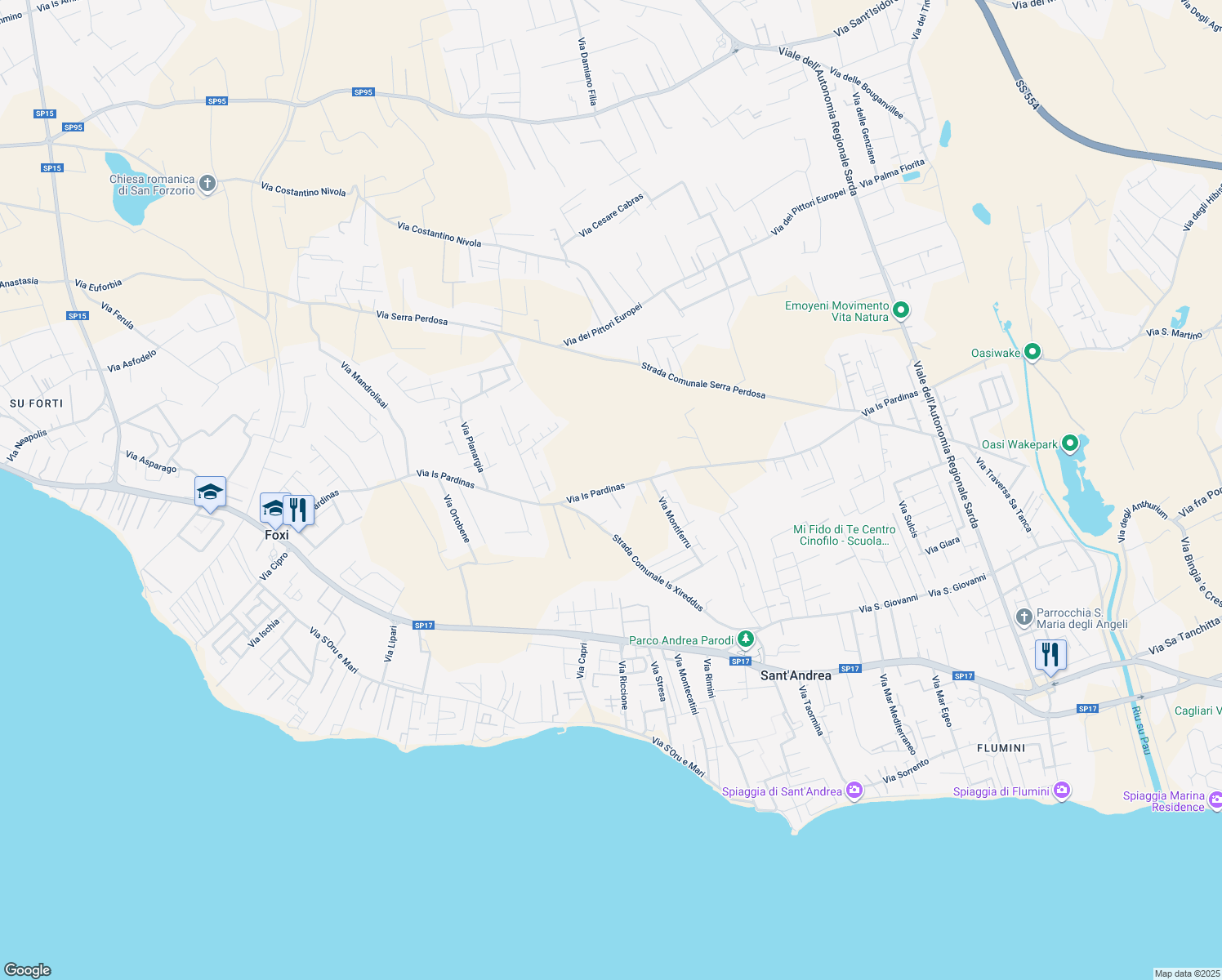 map of restaurants, bars, coffee shops, grocery stores, and more near 46 Via Is Pardinas in Quartu Sant'Elena