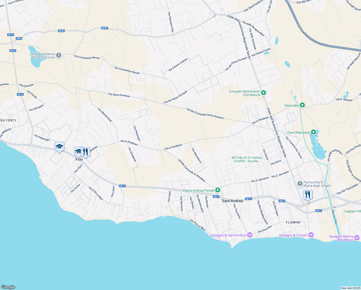 map of restaurants, bars, coffee shops, grocery stores, and more near 46 Via Is Pardinas in Quartu Sant'Elena