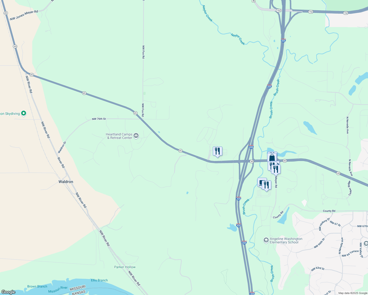 map of restaurants, bars, coffee shops, grocery stores, and more near 16550 Missouri 45 in Parkville