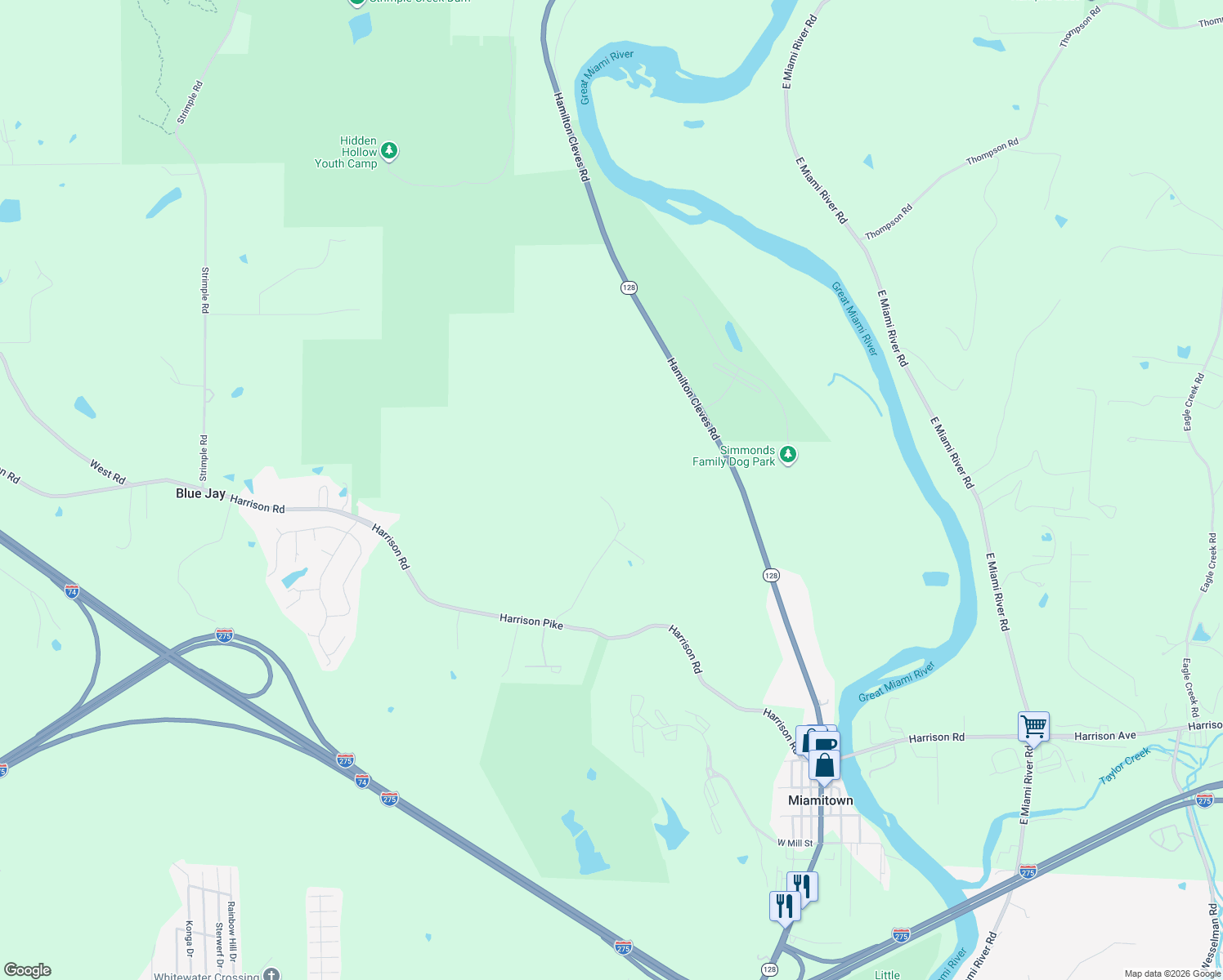 map of restaurants, bars, coffee shops, grocery stores, and more near 7400-7498 Buena Vista Drive in Cleves