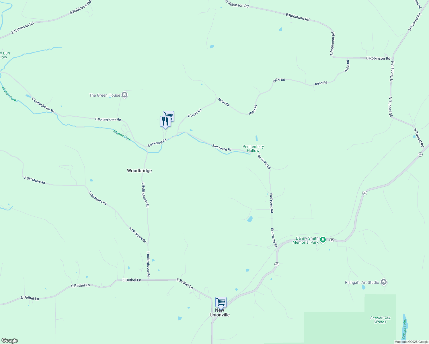 map of restaurants, bars, coffee shops, grocery stores, and more near 4960 Earl Young Road in Bloomington