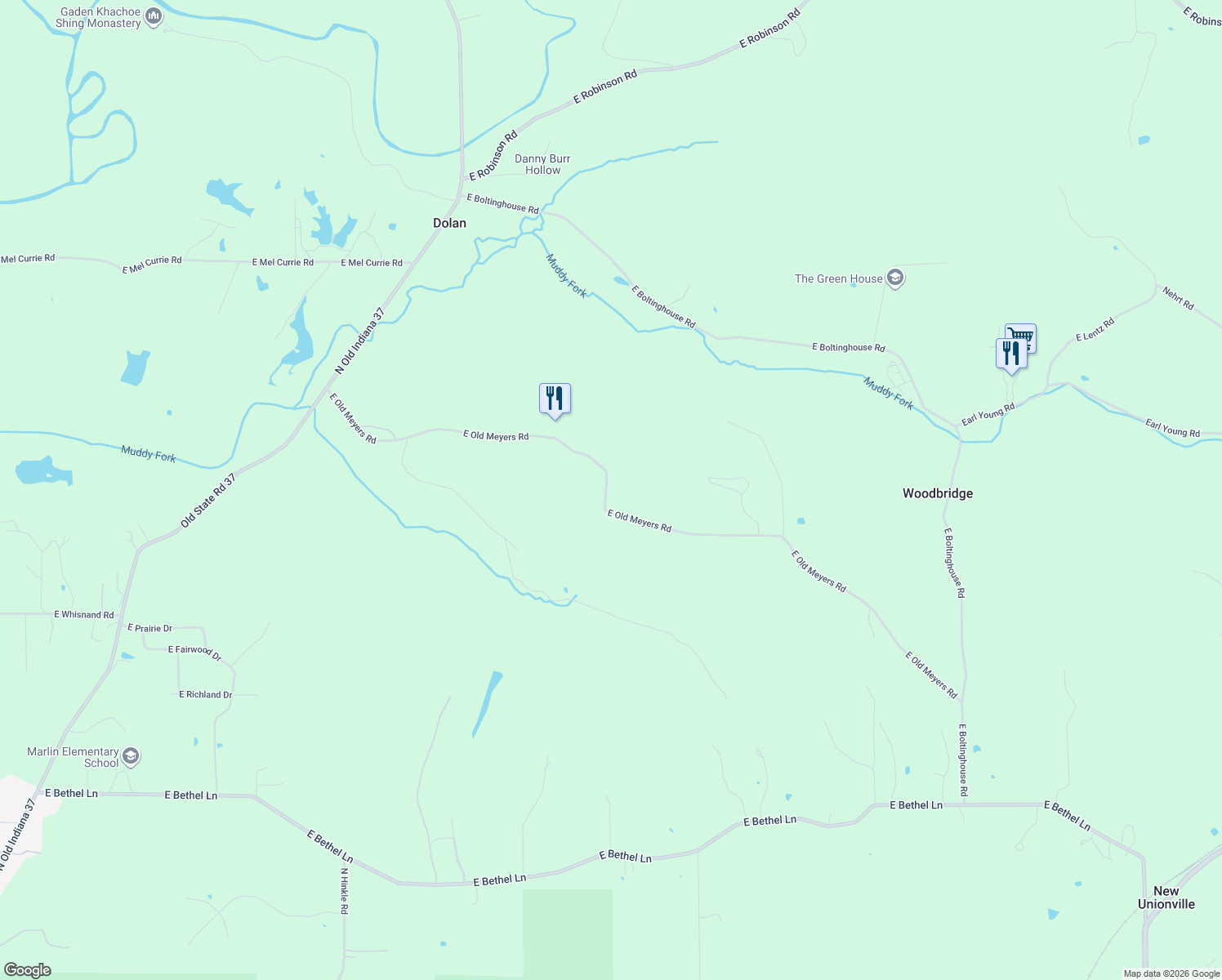 map of restaurants, bars, coffee shops, grocery stores, and more near 2601 E Old Myers Rd in Bloomington