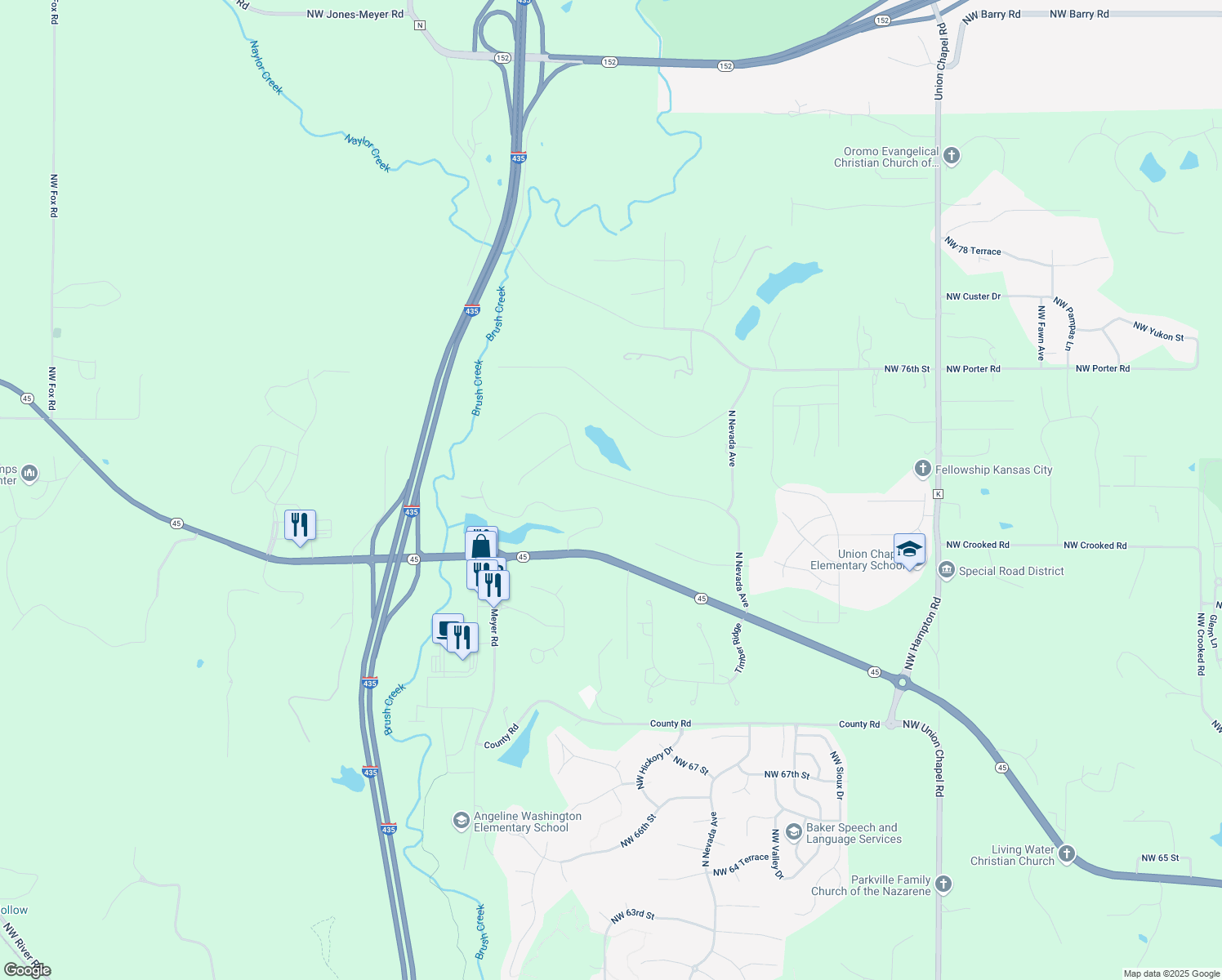 map of restaurants, bars, coffee shops, grocery stores, and more near 14209 Northwest 73rd Street in Kansas City