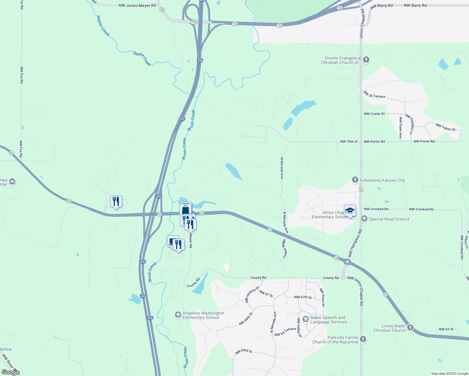 map of restaurants, bars, coffee shops, grocery stores, and more near 14209 Northwest 73rd Street in Kansas City