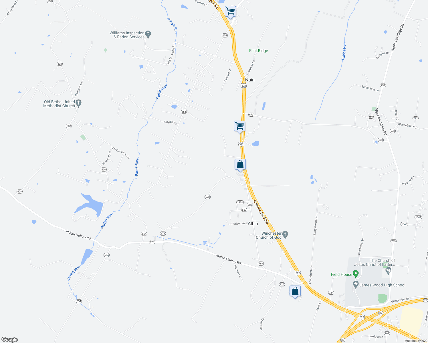 map of restaurants, bars, coffee shops, grocery stores, and more near 190 Burnt Church Road in Winchester