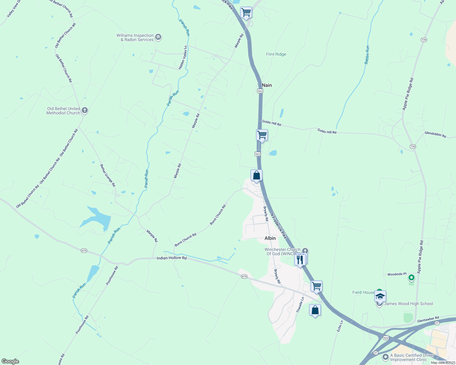 map of restaurants, bars, coffee shops, grocery stores, and more near 190 Burnt Church Road in Winchester