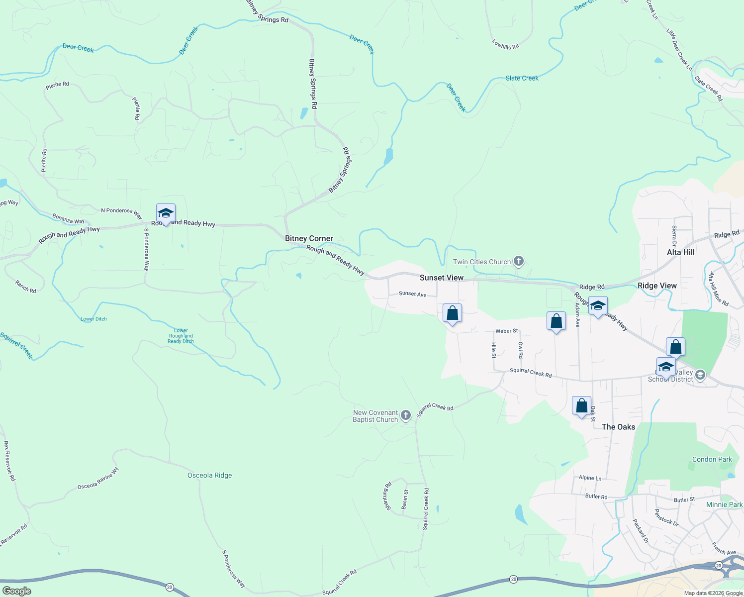map of restaurants, bars, coffee shops, grocery stores, and more near 12381 Sunset Avenue in Grass Valley
