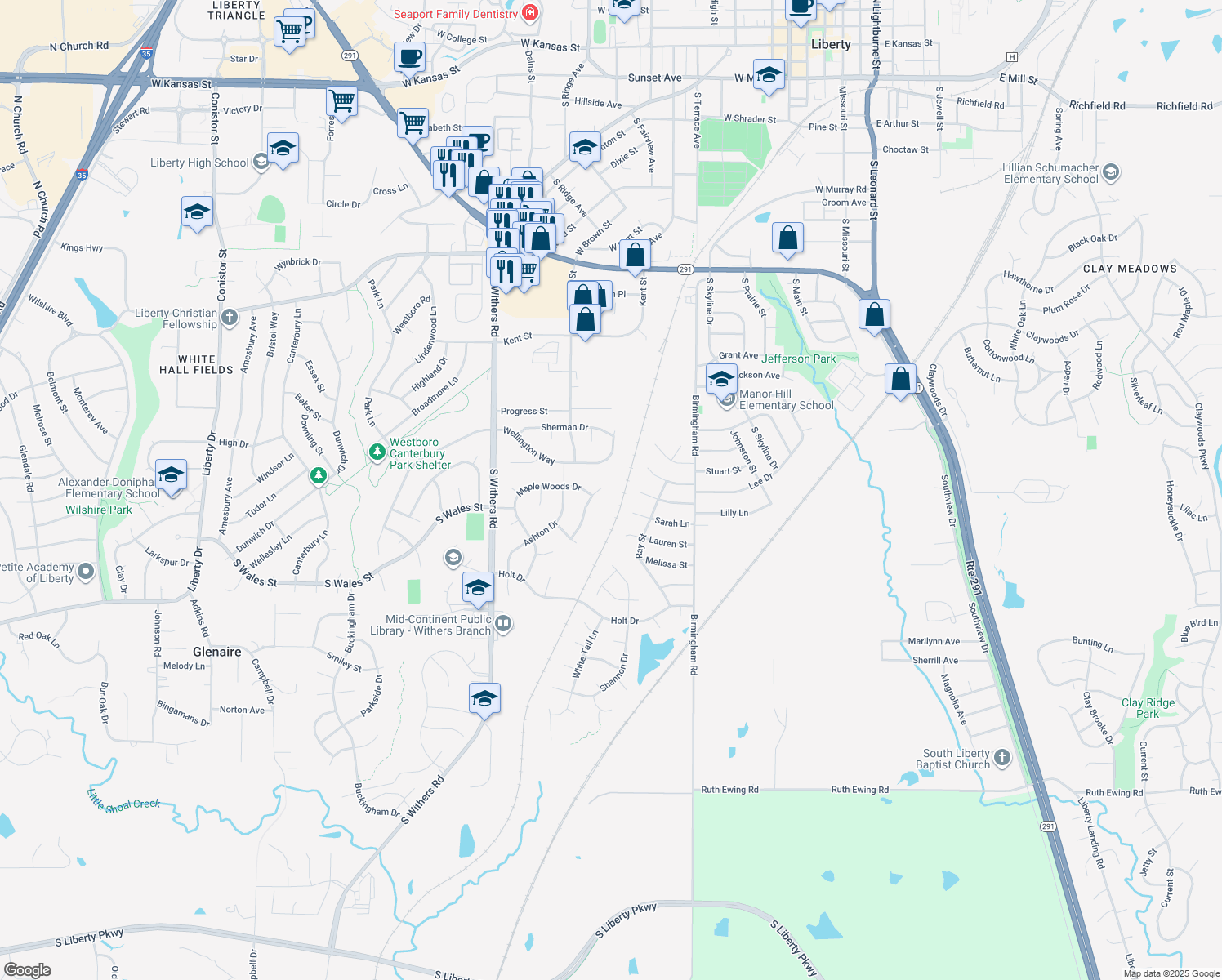 map of restaurants, bars, coffee shops, grocery stores, and more near 1489 Glen Brook Lane in Liberty