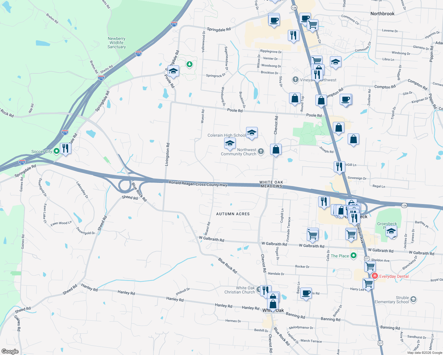 map of restaurants, bars, coffee shops, grocery stores, and more near 8544 Wuest Road in Cincinnati