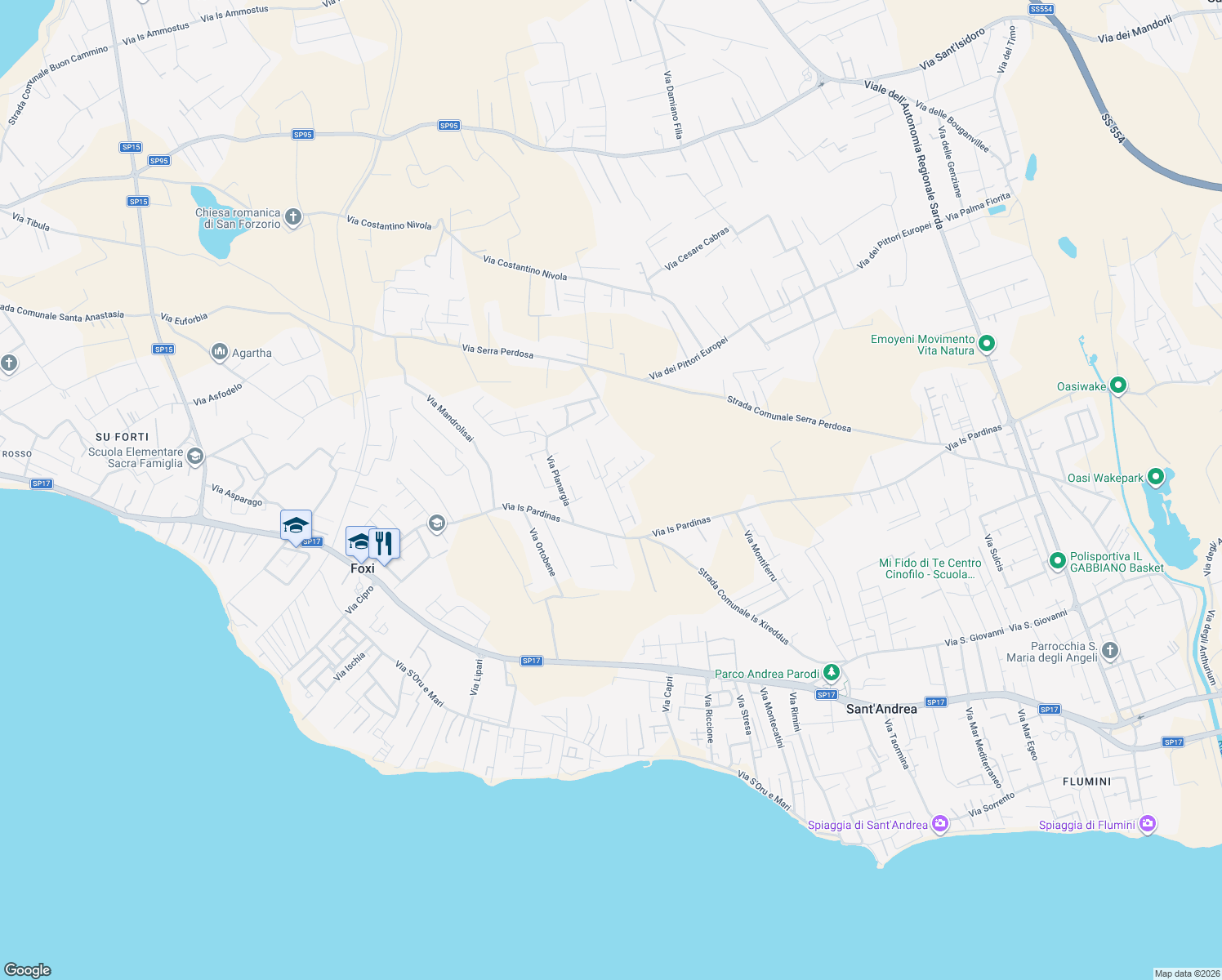map of restaurants, bars, coffee shops, grocery stores, and more near 54 Via Gallura in Quartu Sant'Elena