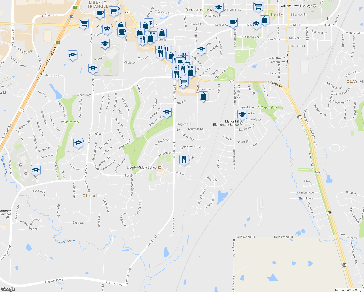 map of restaurants, bars, coffee shops, grocery stores, and more near 1058 Maple Woods Terrace in Liberty