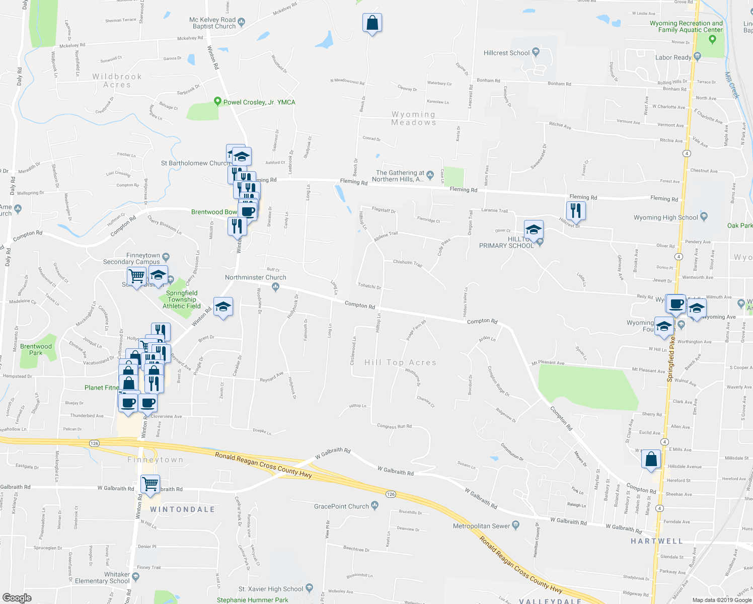 map of restaurants, bars, coffee shops, grocery stores, and more near 534 Compton Road in Cincinnati
