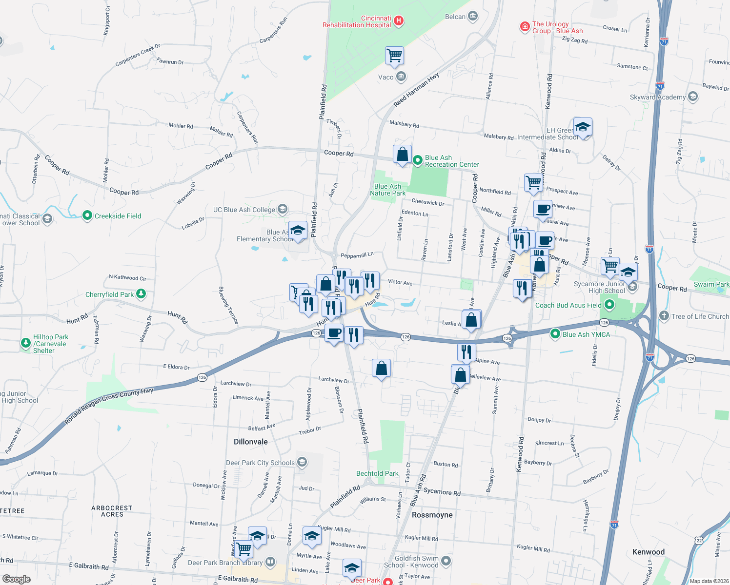 map of restaurants, bars, coffee shops, grocery stores, and more near 4260 Hunt Road in Cincinnati