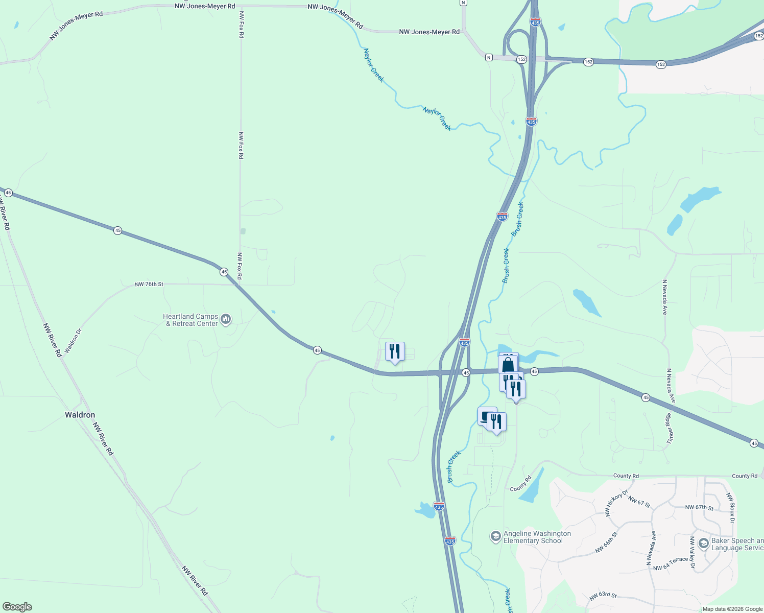 map of restaurants, bars, coffee shops, grocery stores, and more near 15925 Missouri 45 in Parkville