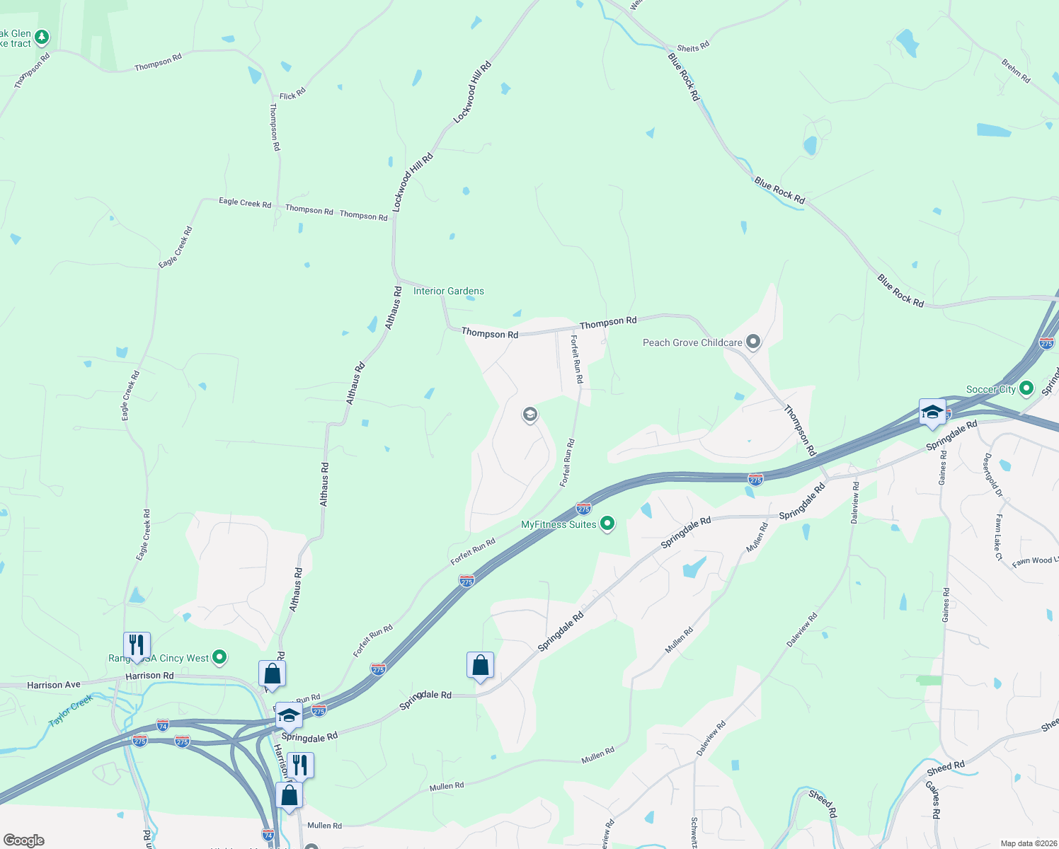 map of restaurants, bars, coffee shops, grocery stores, and more near 8585 Forest Valley Drive in Cincinnati