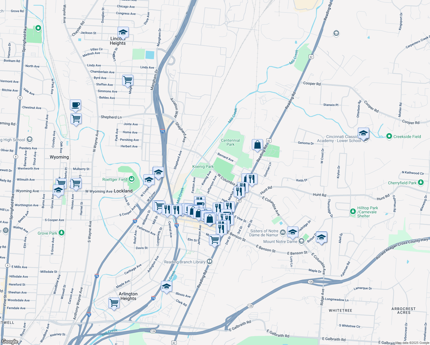 map of restaurants, bars, coffee shops, grocery stores, and more near 1433 Jefferson Avenue in Cincinnati
