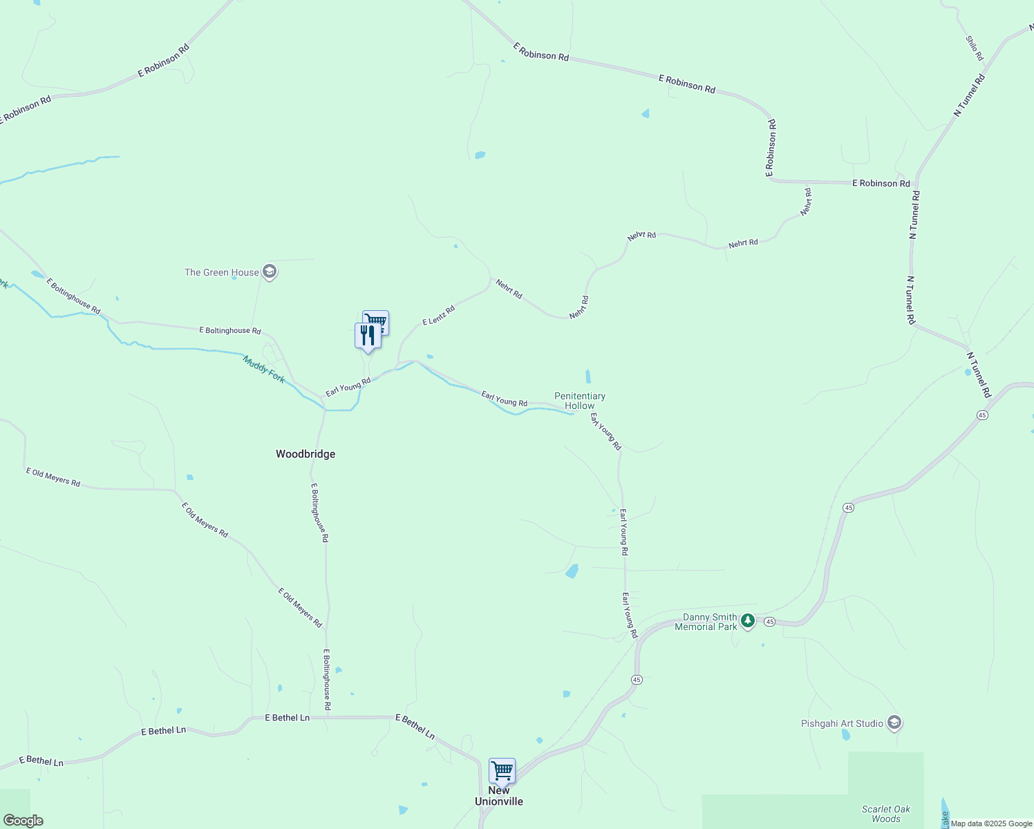 map of restaurants, bars, coffee shops, grocery stores, and more near 4960 Earl Young Road in Bloomington