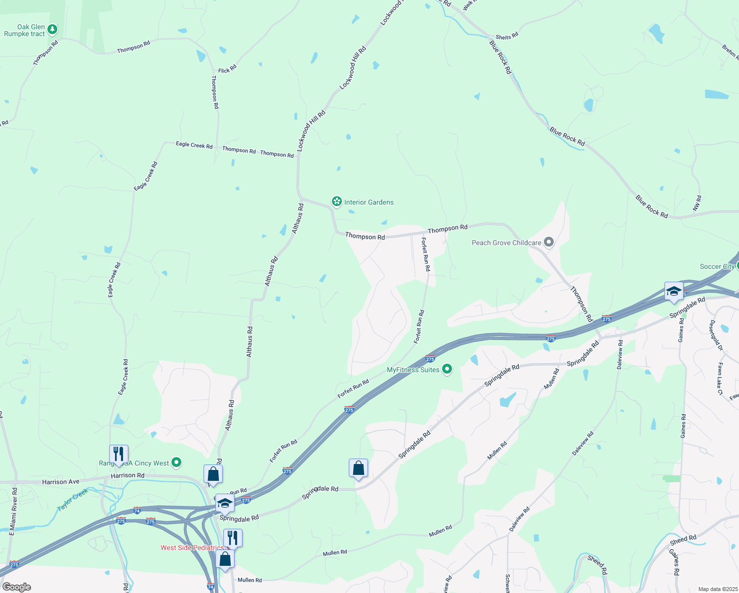 map of restaurants, bars, coffee shops, grocery stores, and more near 8047 Valley Crossing Drive in Cincinnati