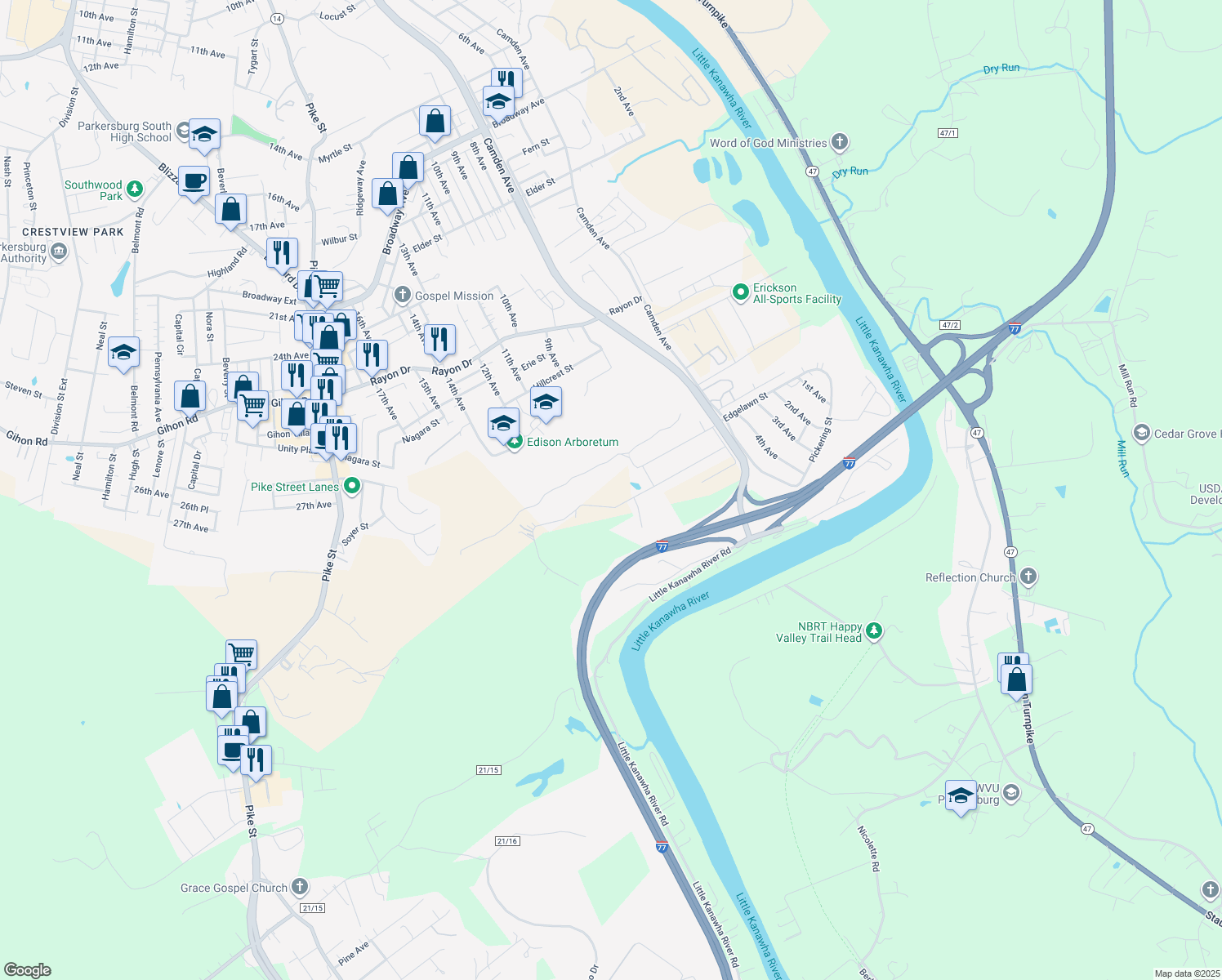 map of restaurants, bars, coffee shops, grocery stores, and more near 1004 Pinehurst Ave in Parkersburg
